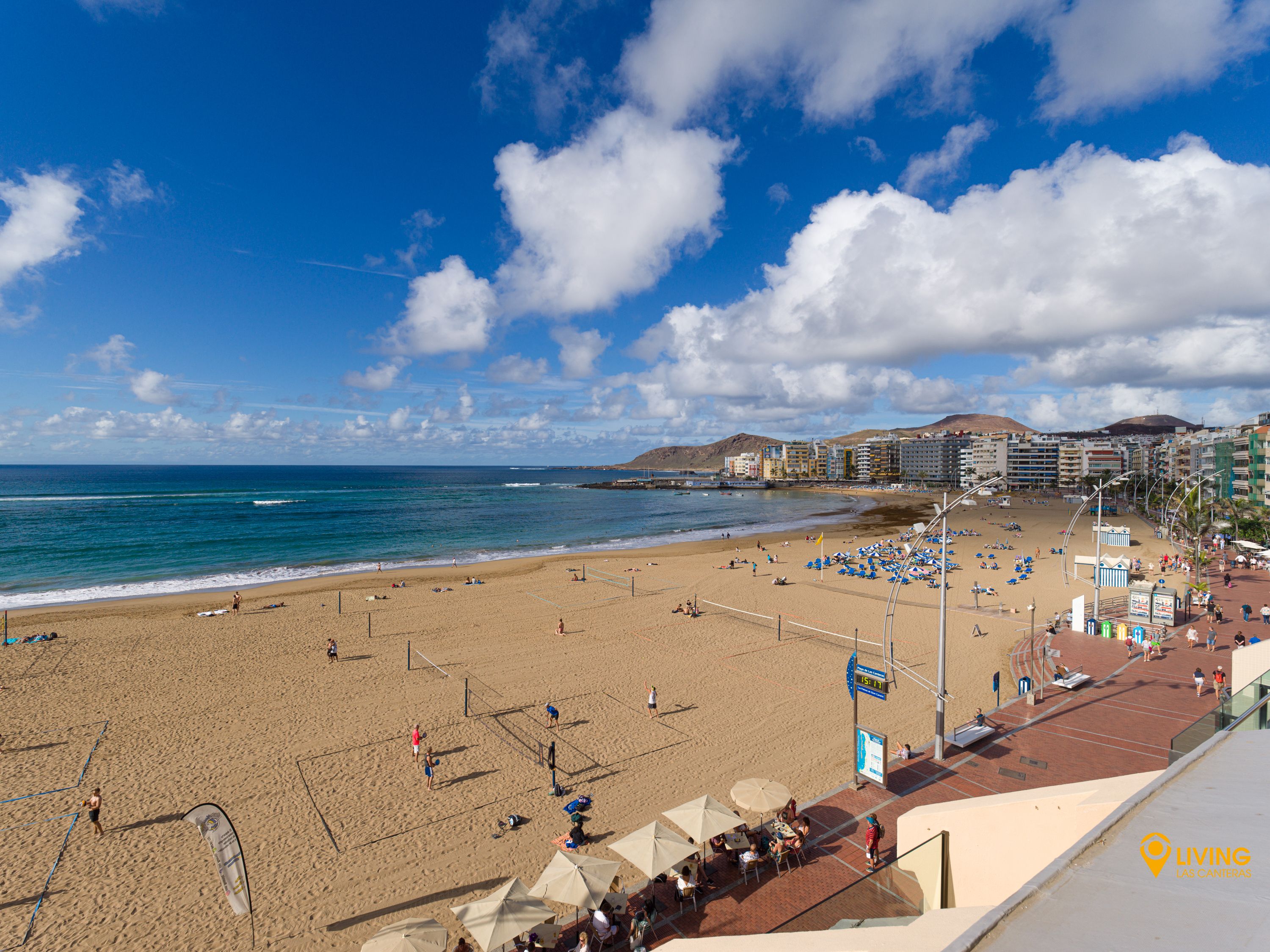 Aerial view of beach volleyball courts along Las Canteras.