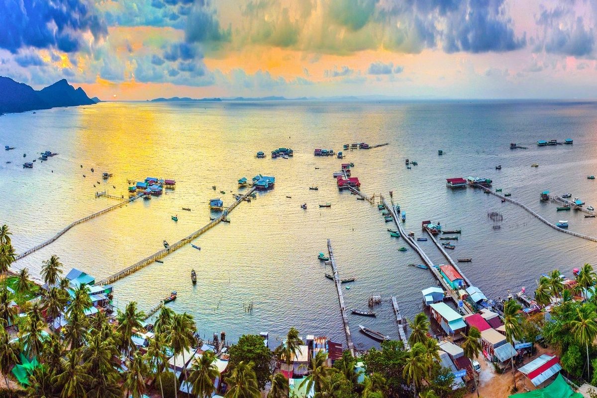 Panoramic coastline and fishing community at Rach Vem, Phu Quoc