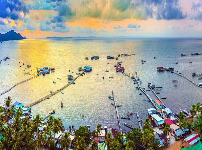 Panoramic coastline and fishing community at Rach Vem, Phu Quoc