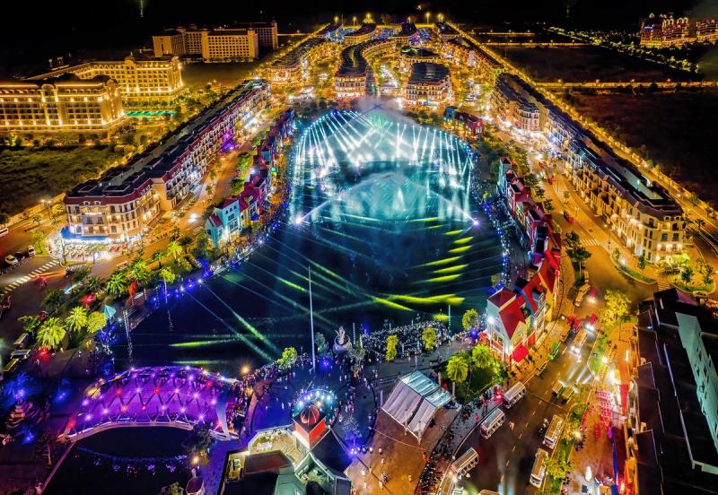 Grand World Phu Quoc illuminated at night from above