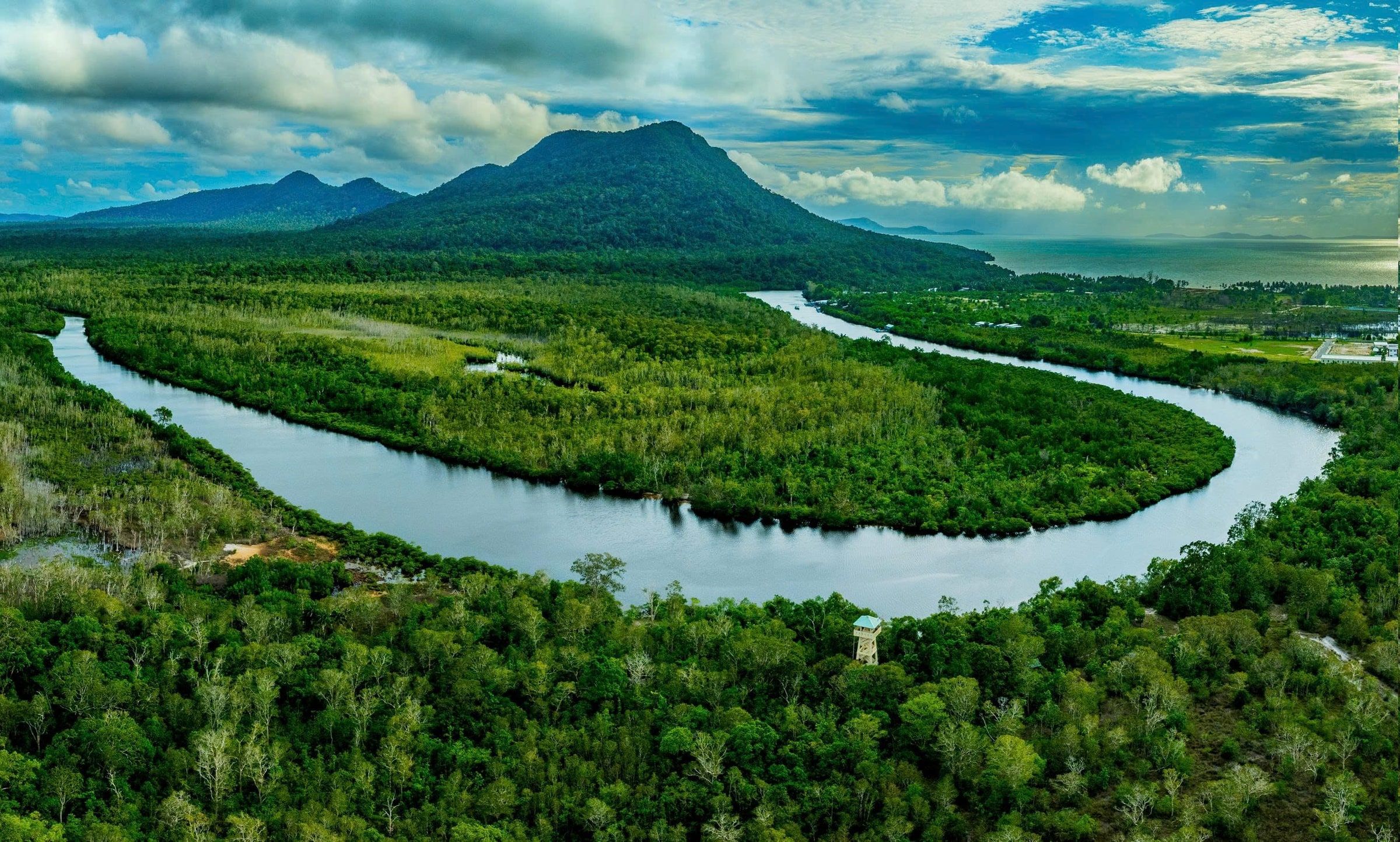 A winding river through green forest with mountains in the distance.