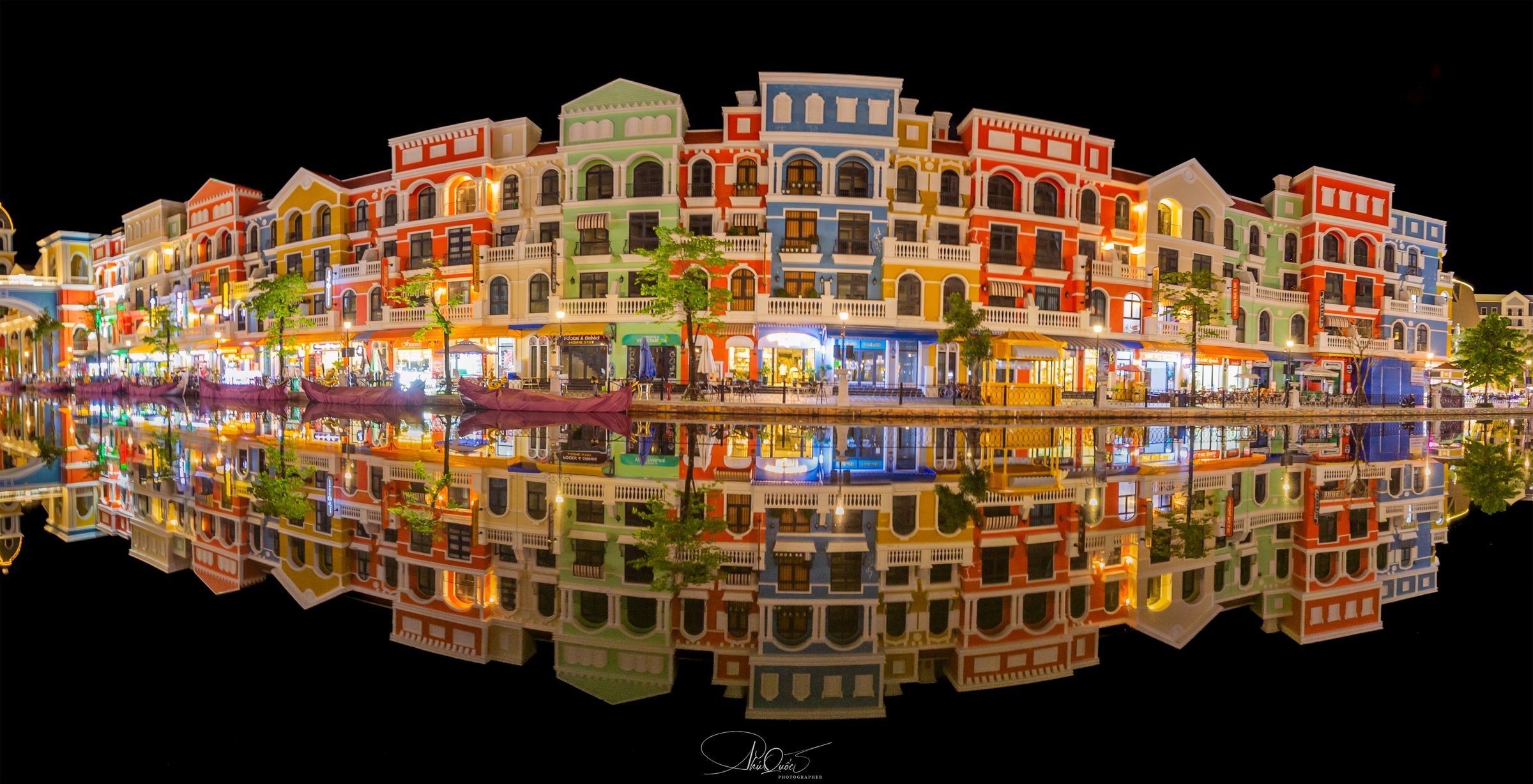 Panoramic view of the canal and colourful buildings at Grand World Phu Quoc