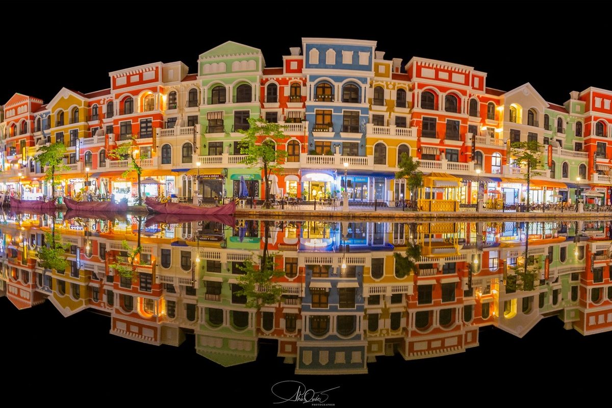 Panoramic view of the canal and colourful buildings at Grand World Phu Quoc