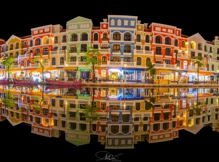 Panoramic view of the canal and colourful buildings at Grand World Phu Quoc
