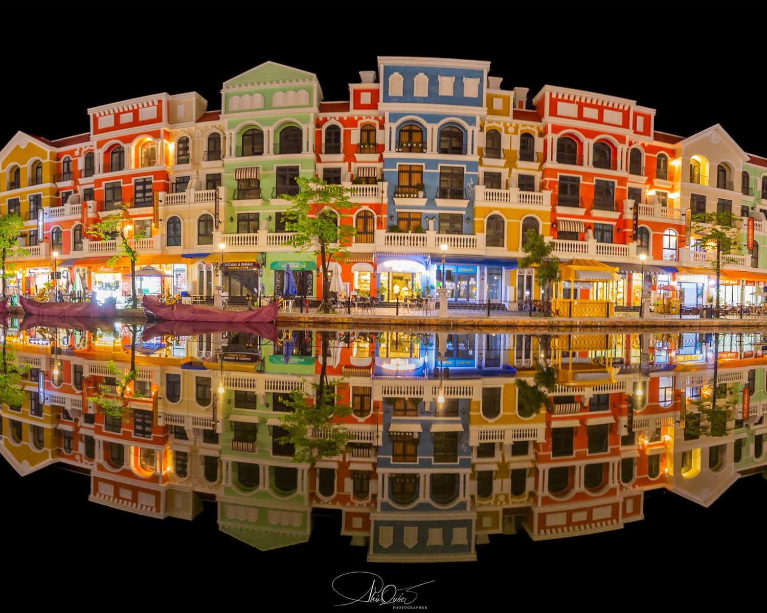 Panoramic view of the canal and colourful buildings at Grand World Phu Quoc