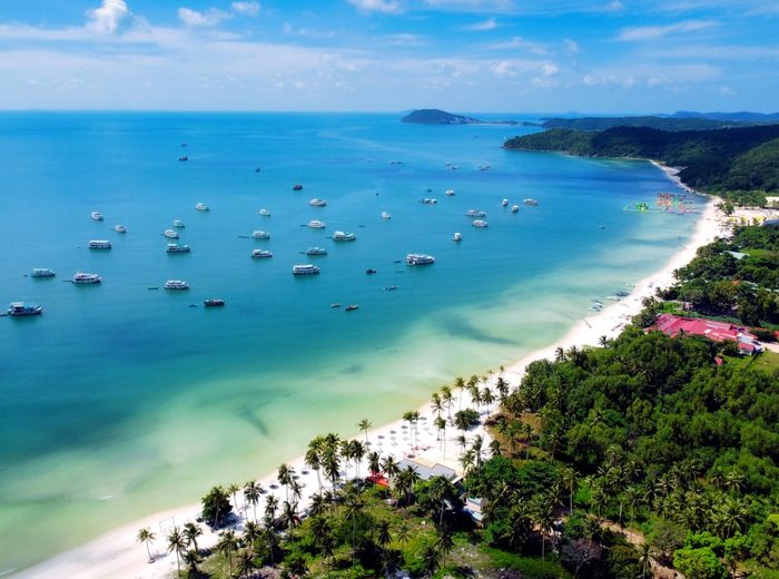 White sand and turquoise water at Sao Beach in Phu Quoc from above