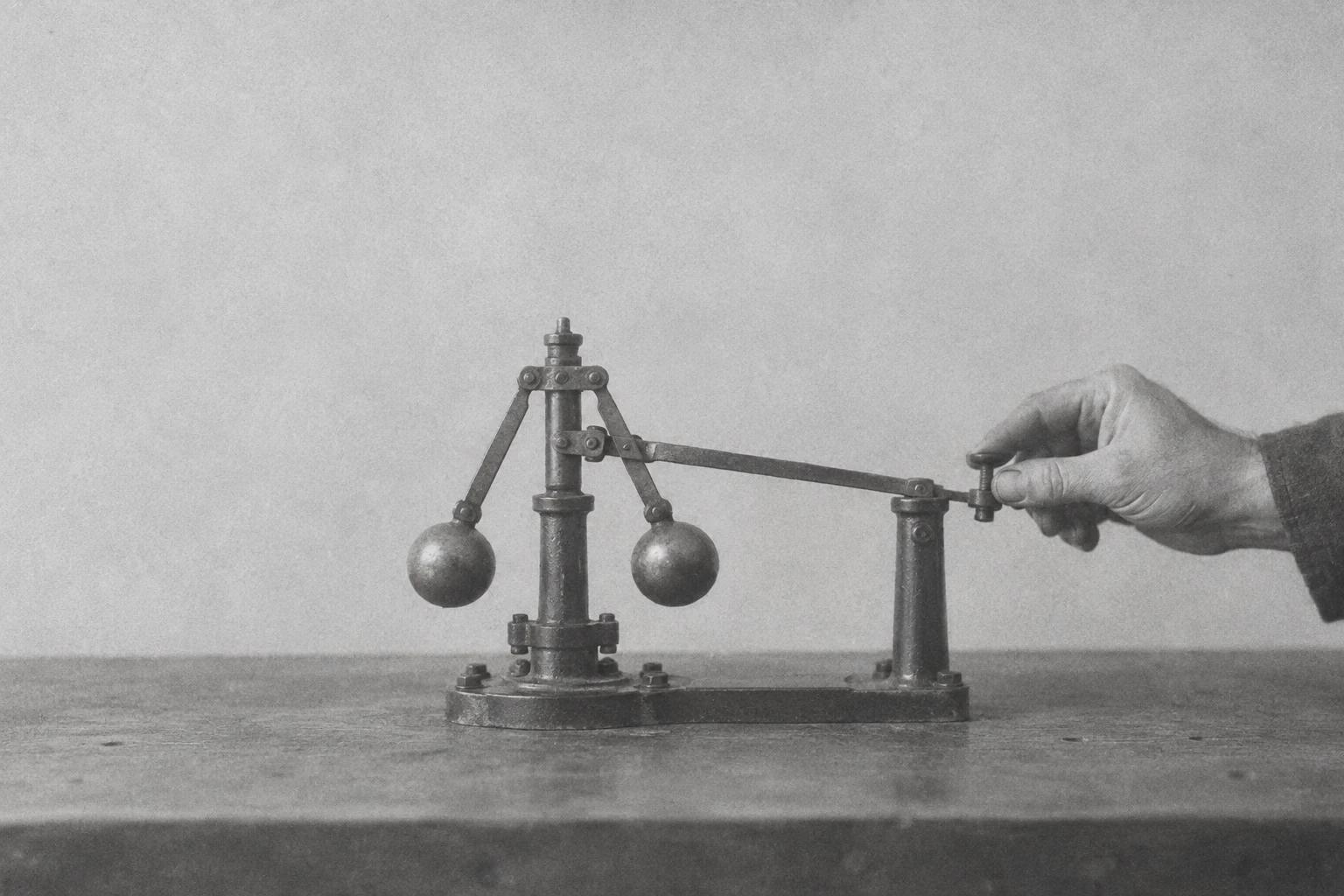 Grainy monochrome illustration of a hand adjusting a mechanical feedback governor.