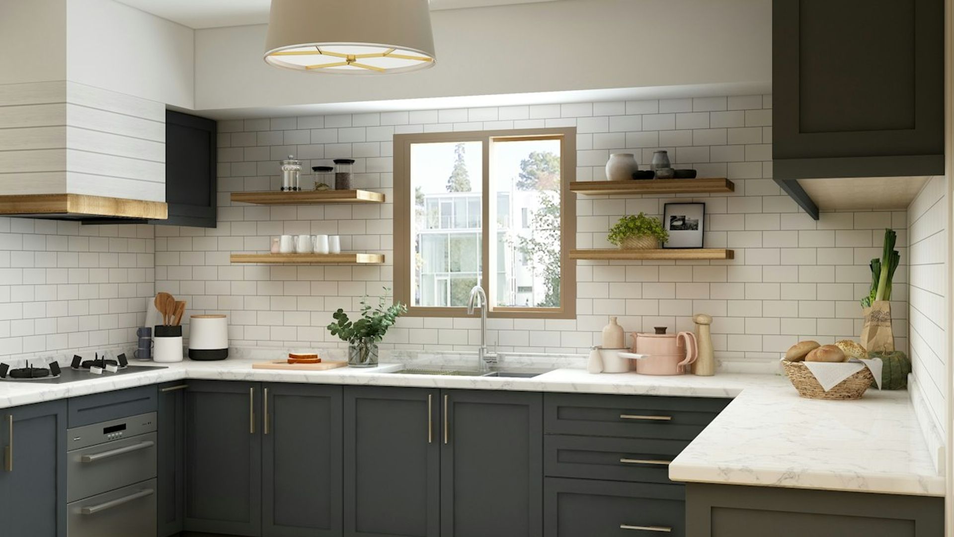 A renovated kitchen with dark cabinetry and a large island