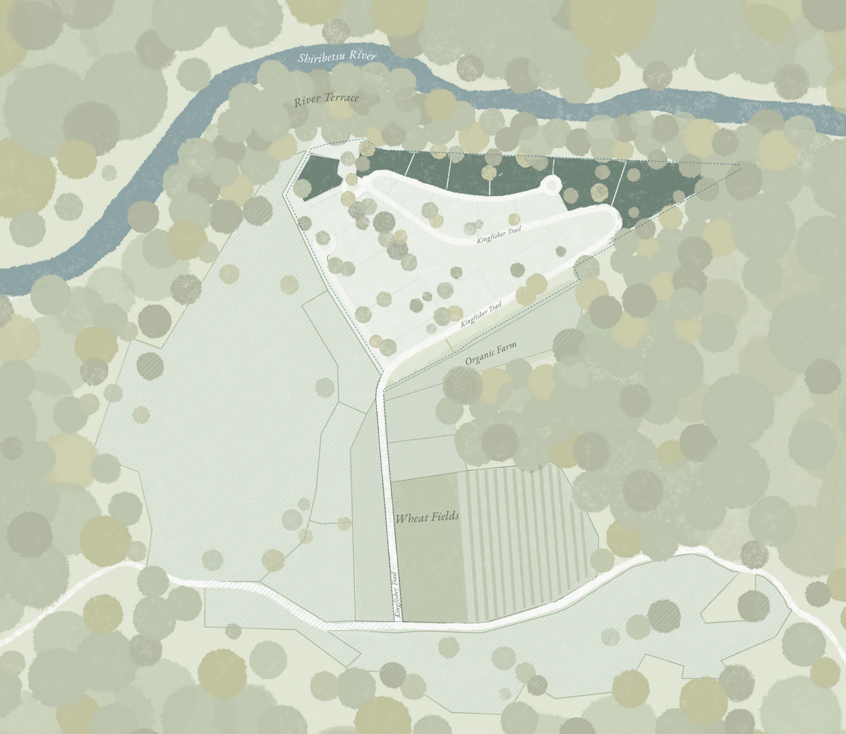 Map of a landscape showing Shinbetan River, River Terrace, Kingfisher Pond, Organic Farm, Wheat Fields, and surrounding trees.