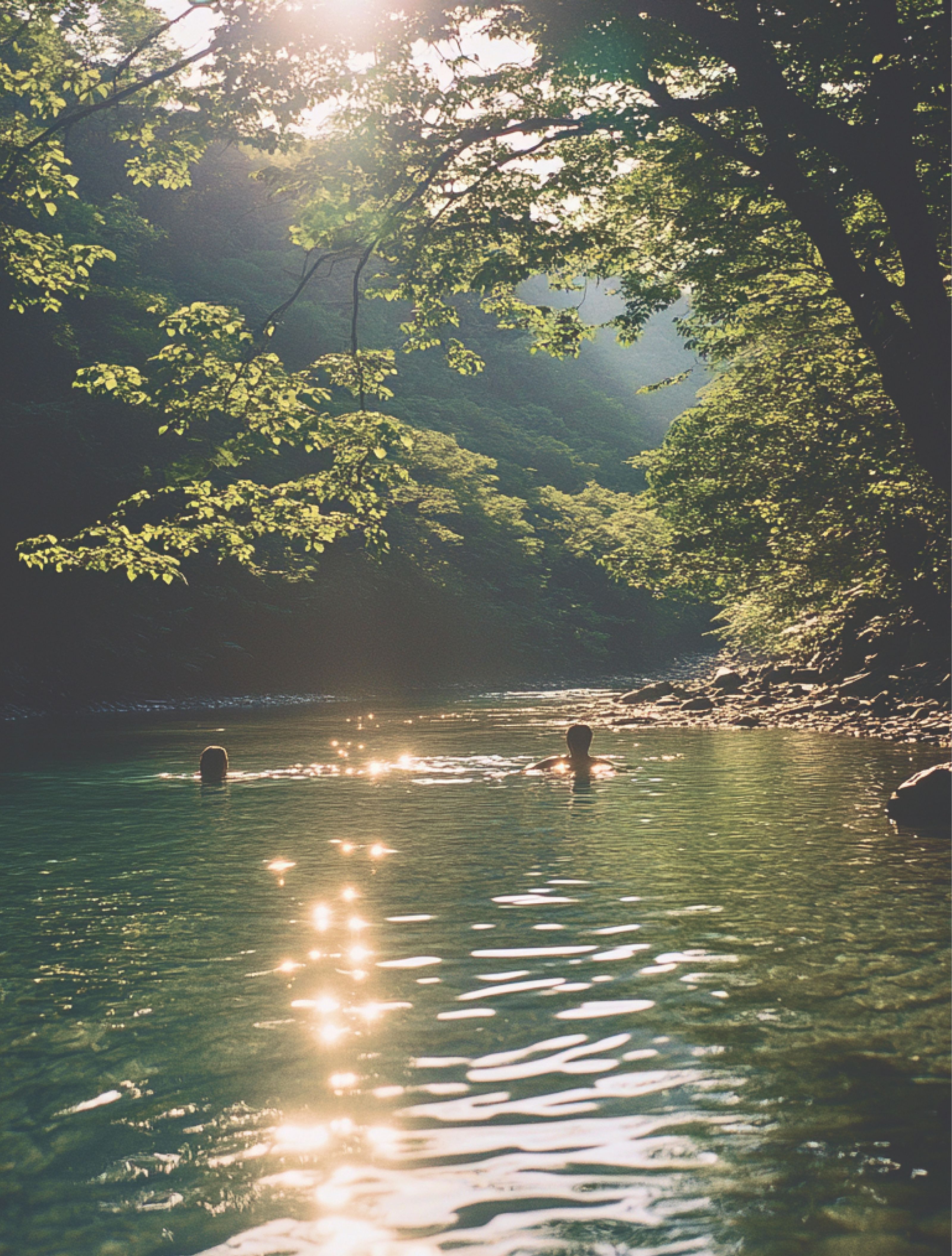 Two people swim in a sun-dappled river surrounded by green trees.