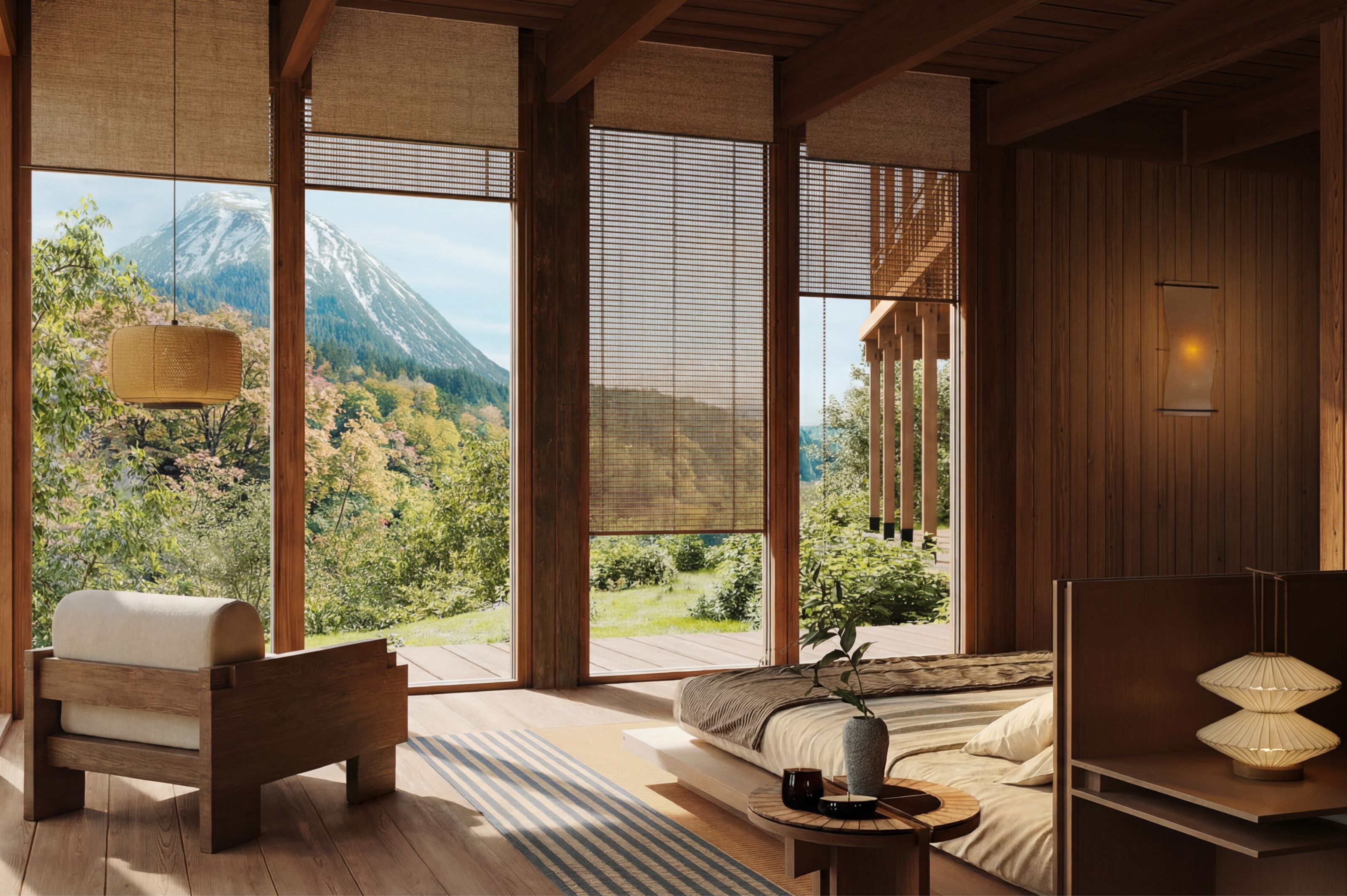A warm, modern room with large windows overlooking a snow-capped mountain and lush forest, featuring wooden furniture and a low platform bed.