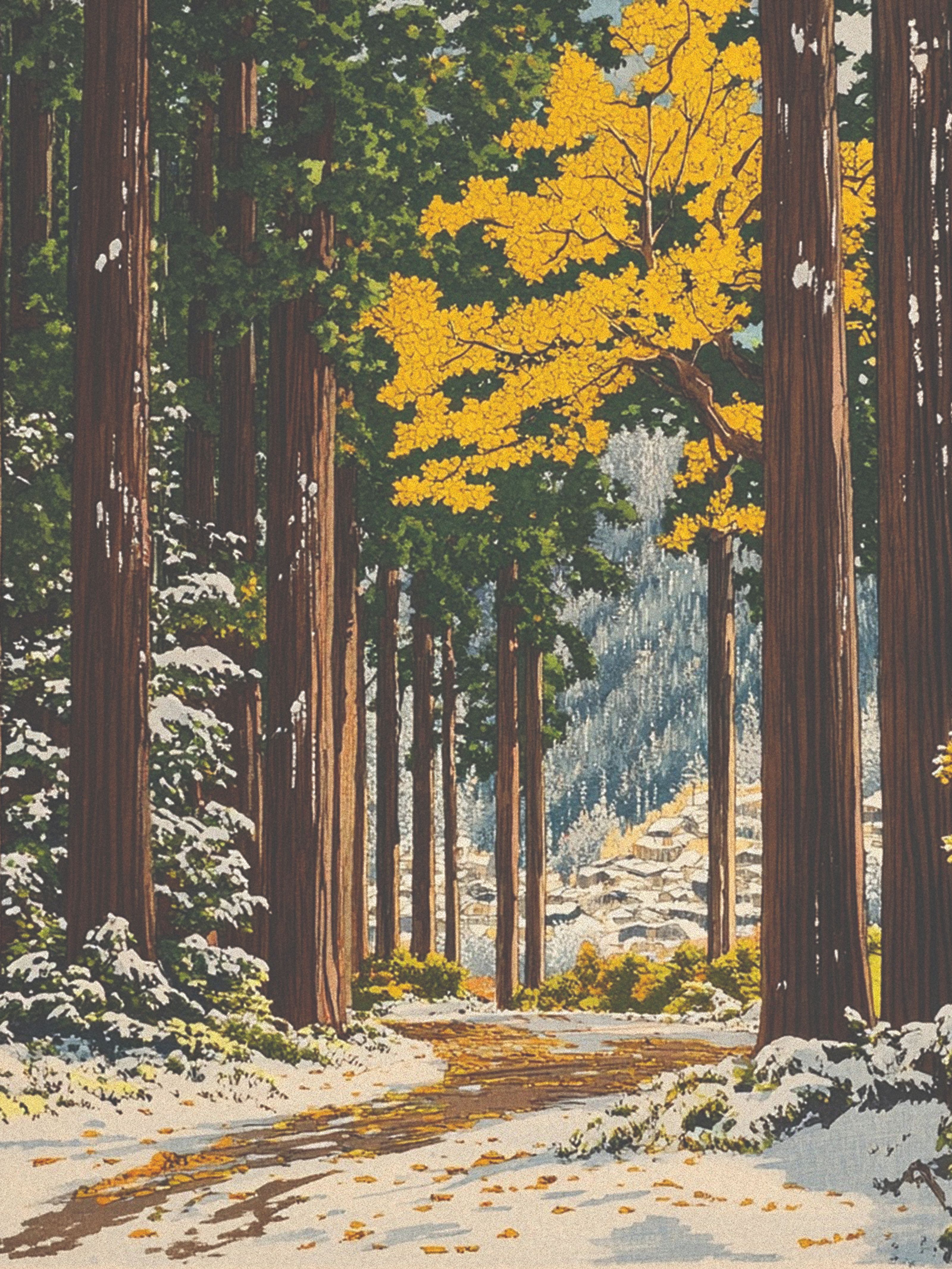 Japanese woodblock print of a snowy path through a forest, featuring tall trees and a bright yellow-leafed tree, with a village in the background.