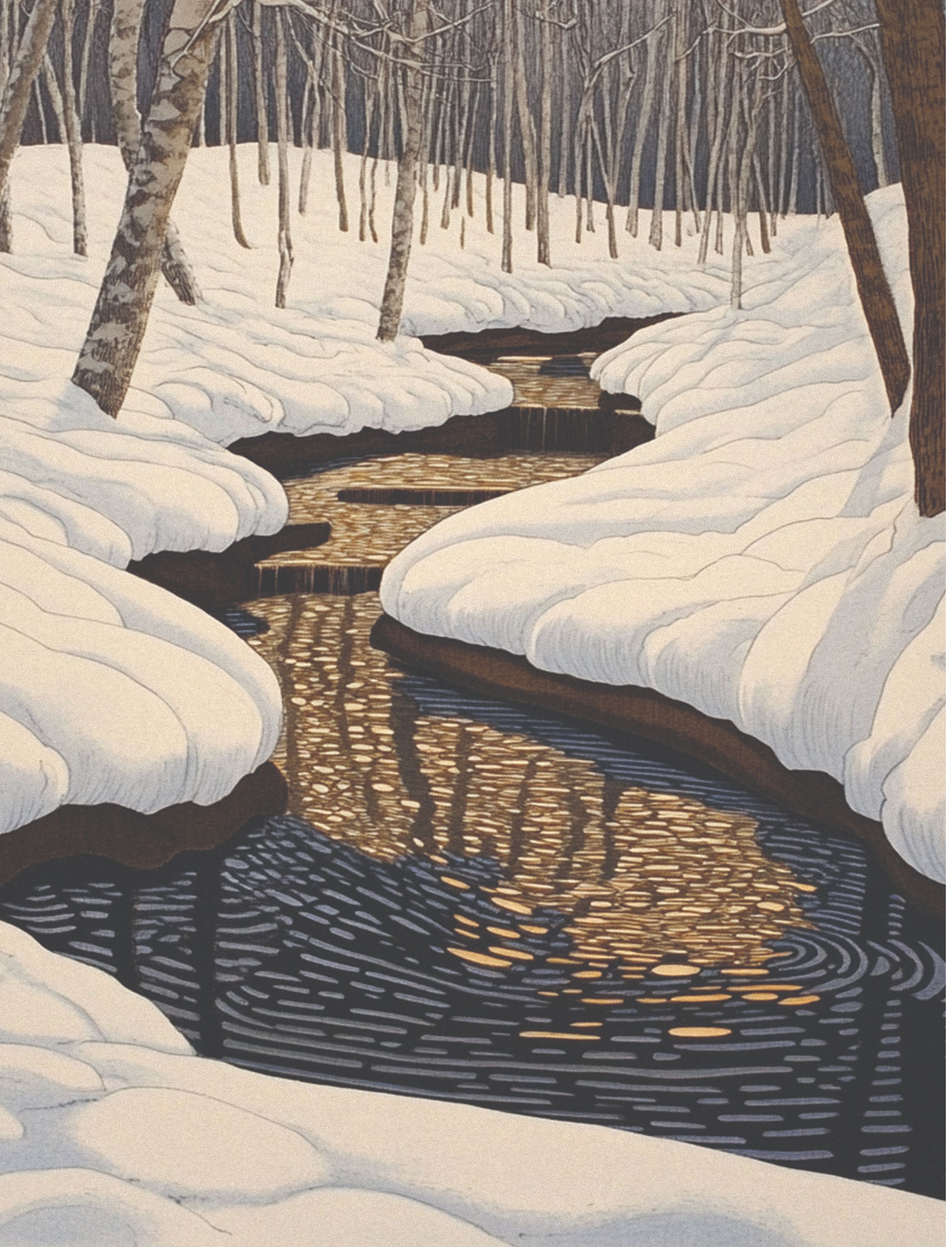 A stylized print of a winding stream flowing through a snowy winter forest, with golden light reflecting on the dark water.