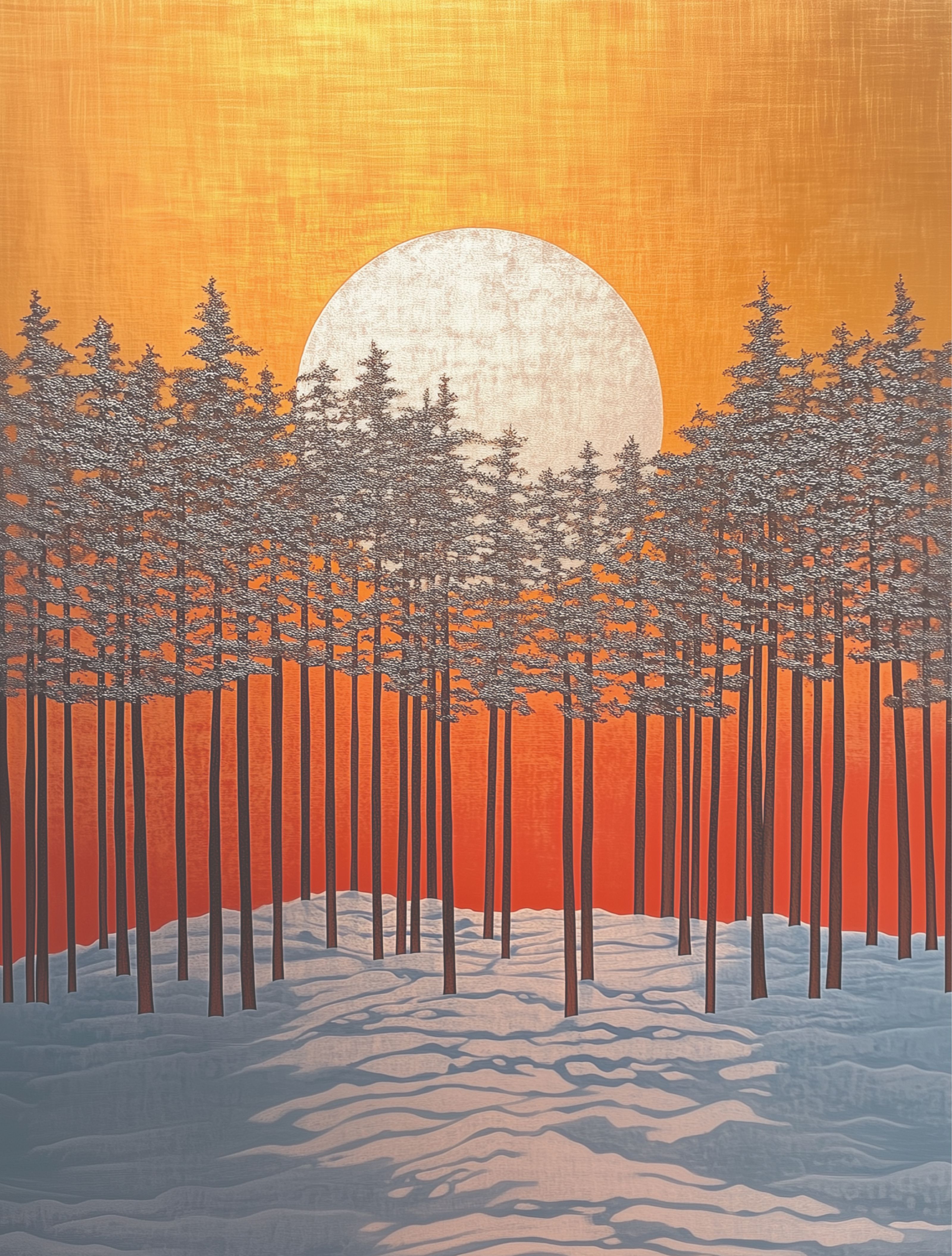 Stylized winter scene with a large white sun, tall pine trees, and snowdrifts against an orange and red sky.