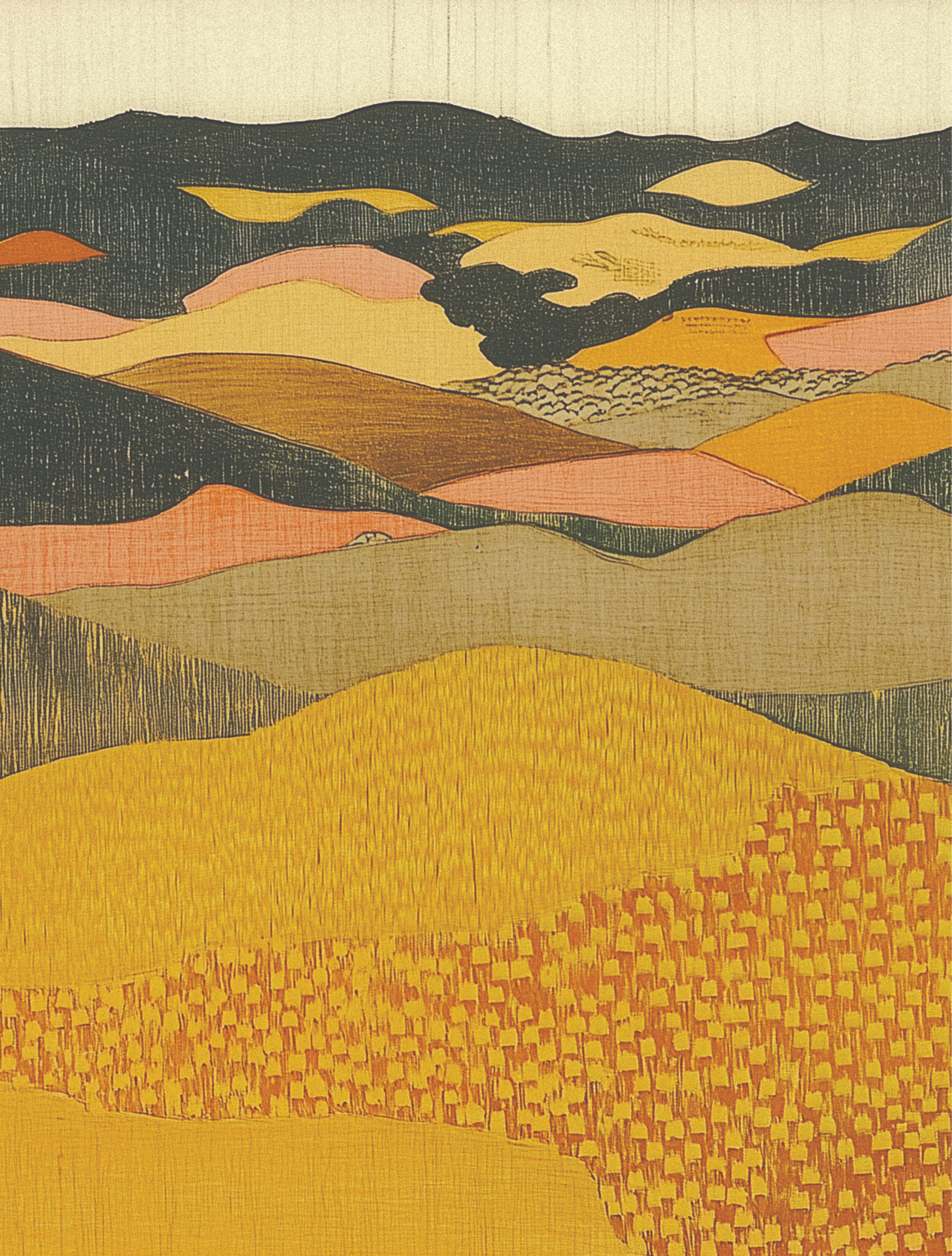 A stylized woodcut landscape with layered fields and hills in yellow, orange, pink, and dark grey.