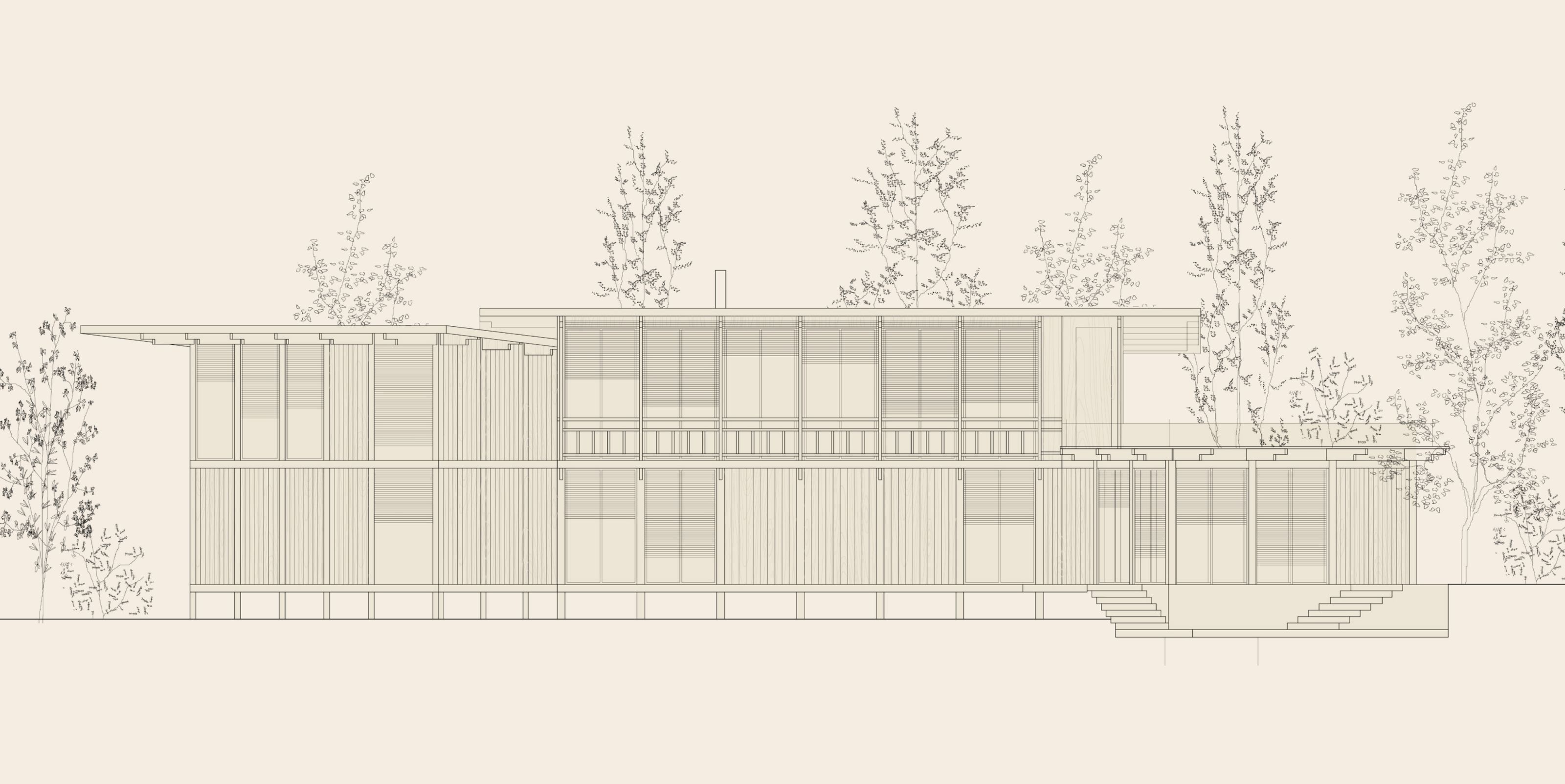 Sepia-toned architectural line drawing of a modern house elevation with surrounding trees.