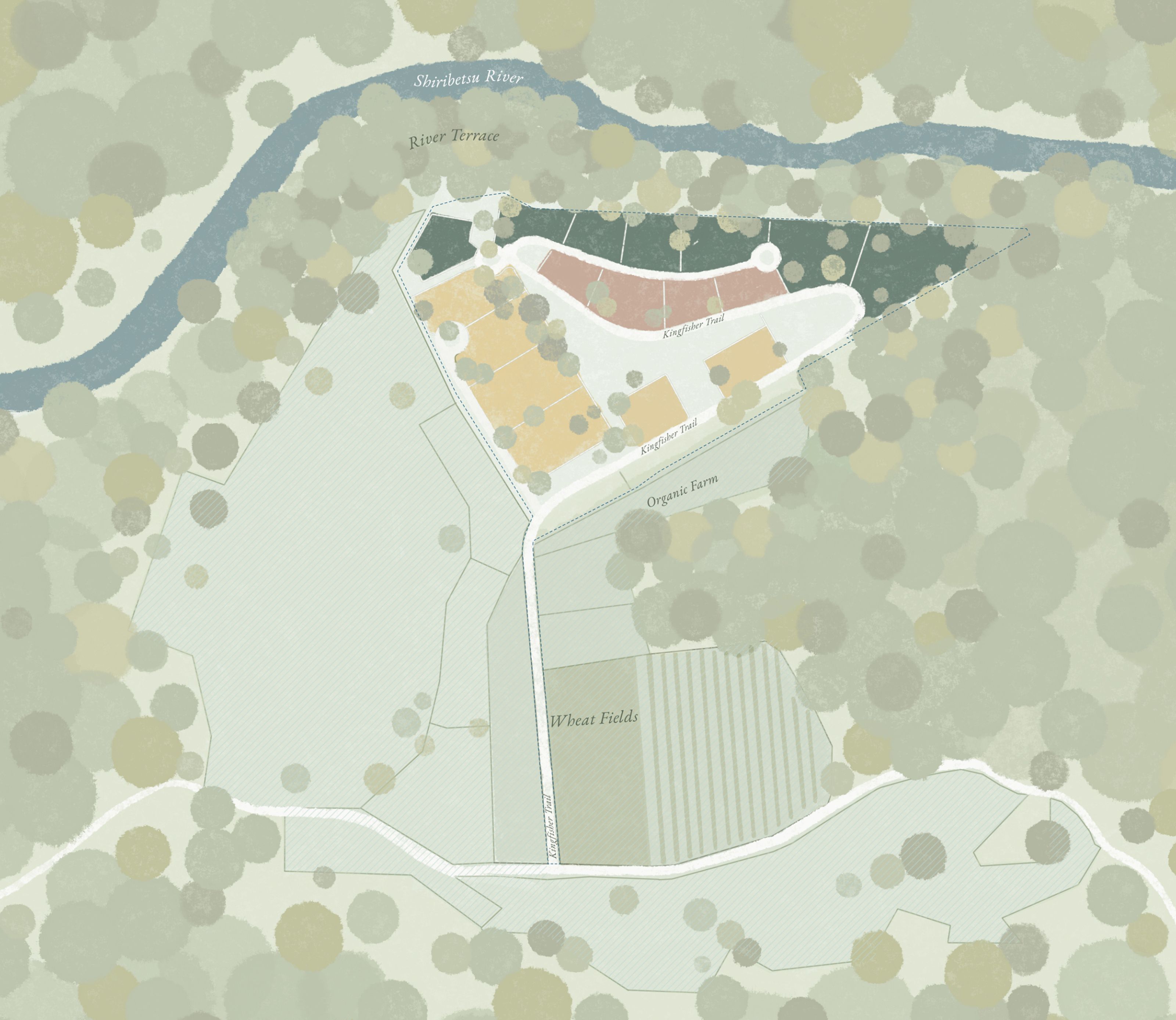 Stylized map of the Shimbetsu River area, showing clusters of buildings, an organic farm, and wheat fields within a forested landscape.