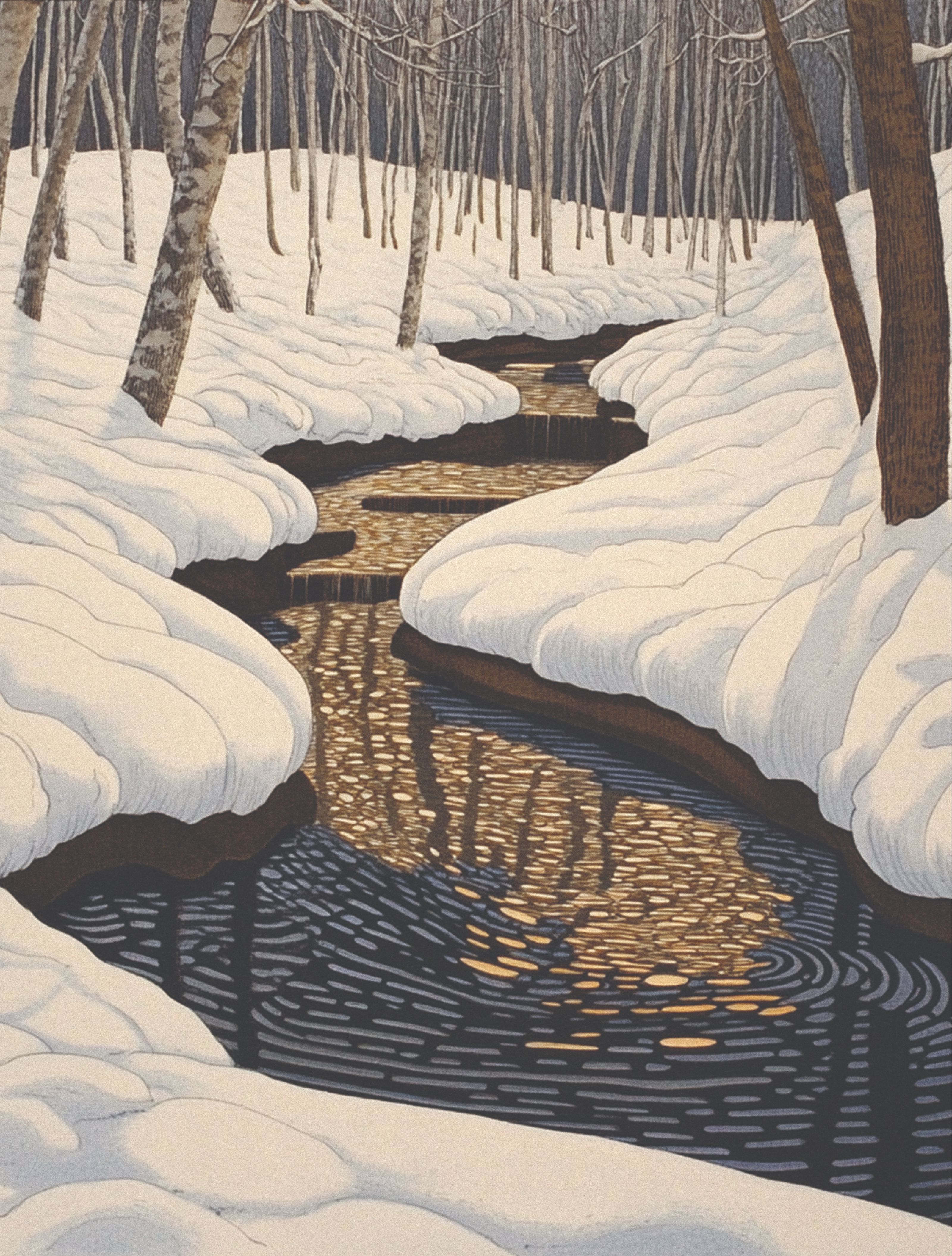 A woodblock print of a winding stream with golden reflections flowing through a snowy forest.