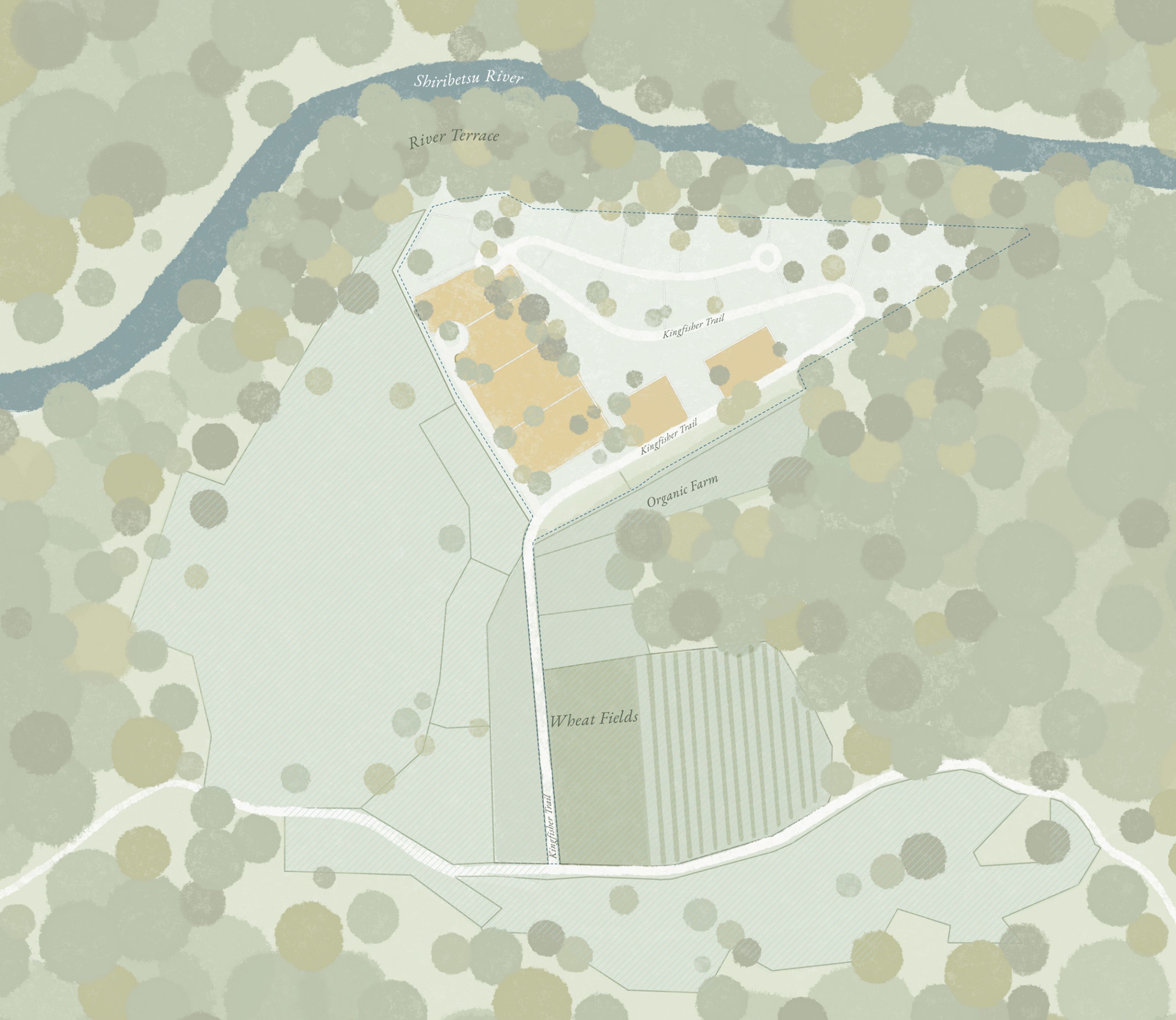 Illustrated map of the Shinbetu River area, showing residential buildings, an organic farm, and wheat fields.