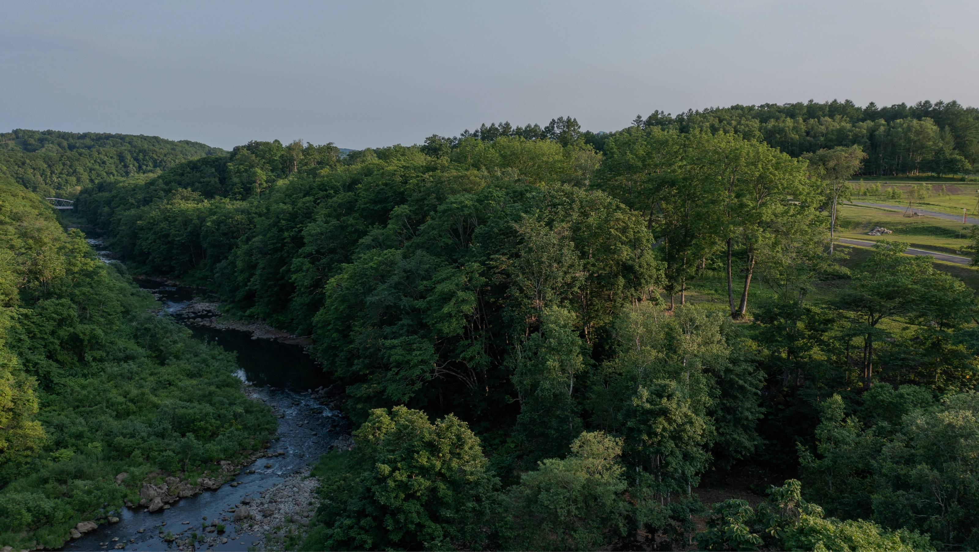 River flowing through a lush green valley with a clearing on the right.