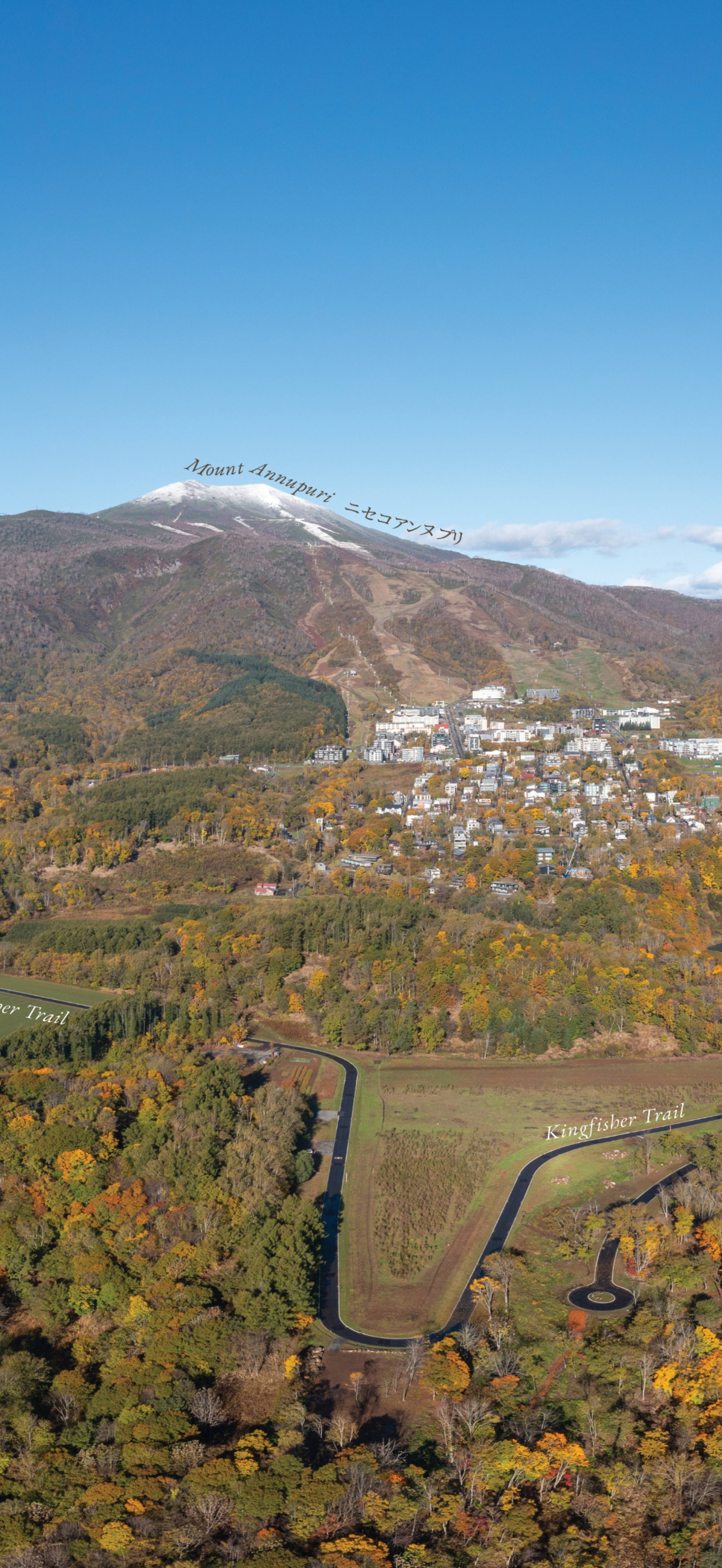 A large mountain looms over a misty forest valley, with a winding road and cultivated fields in the foreground.