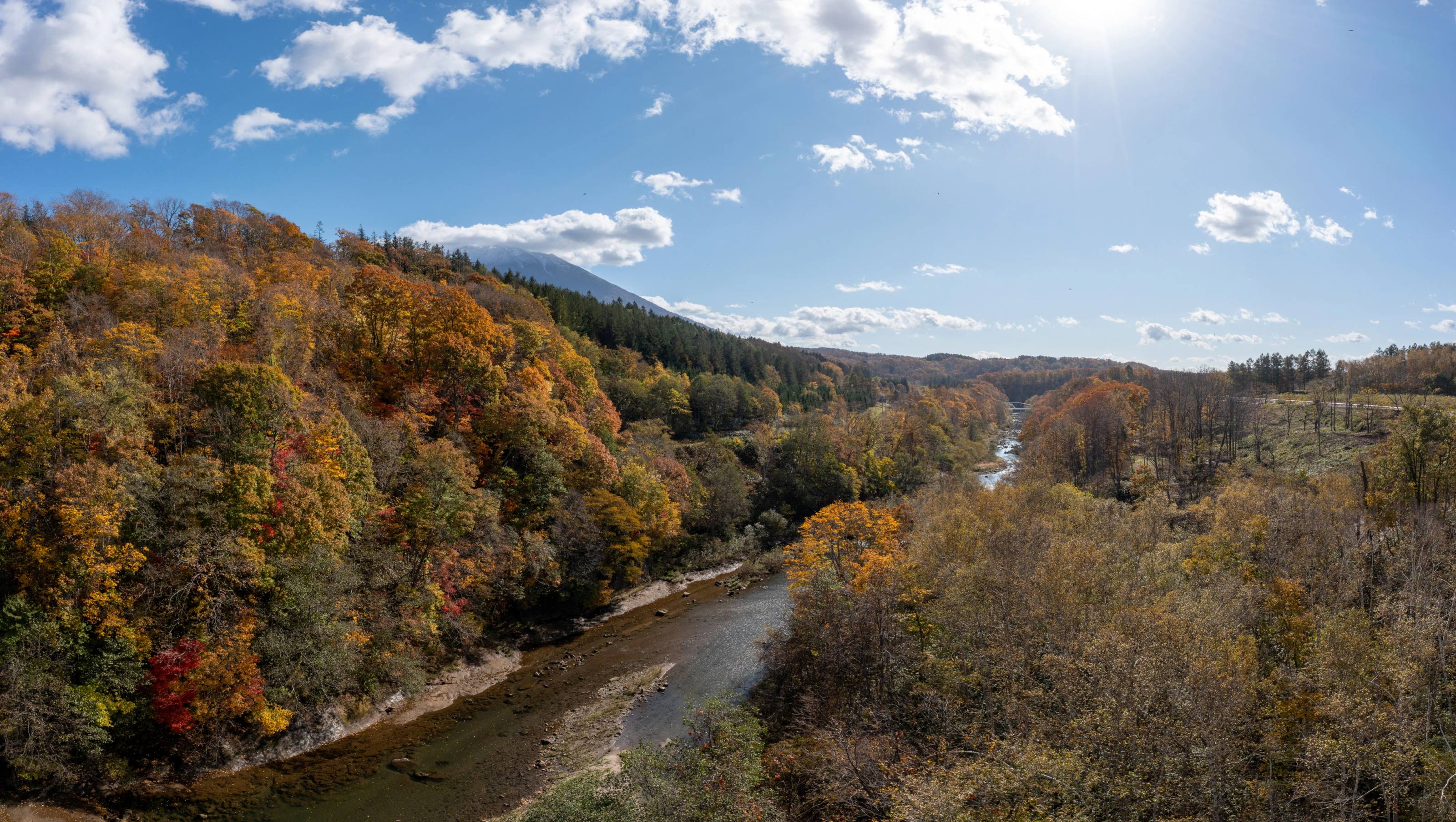 A river meanders through a valley filled with vibrant autumn trees, a distant mountain, and a bright blue sky.