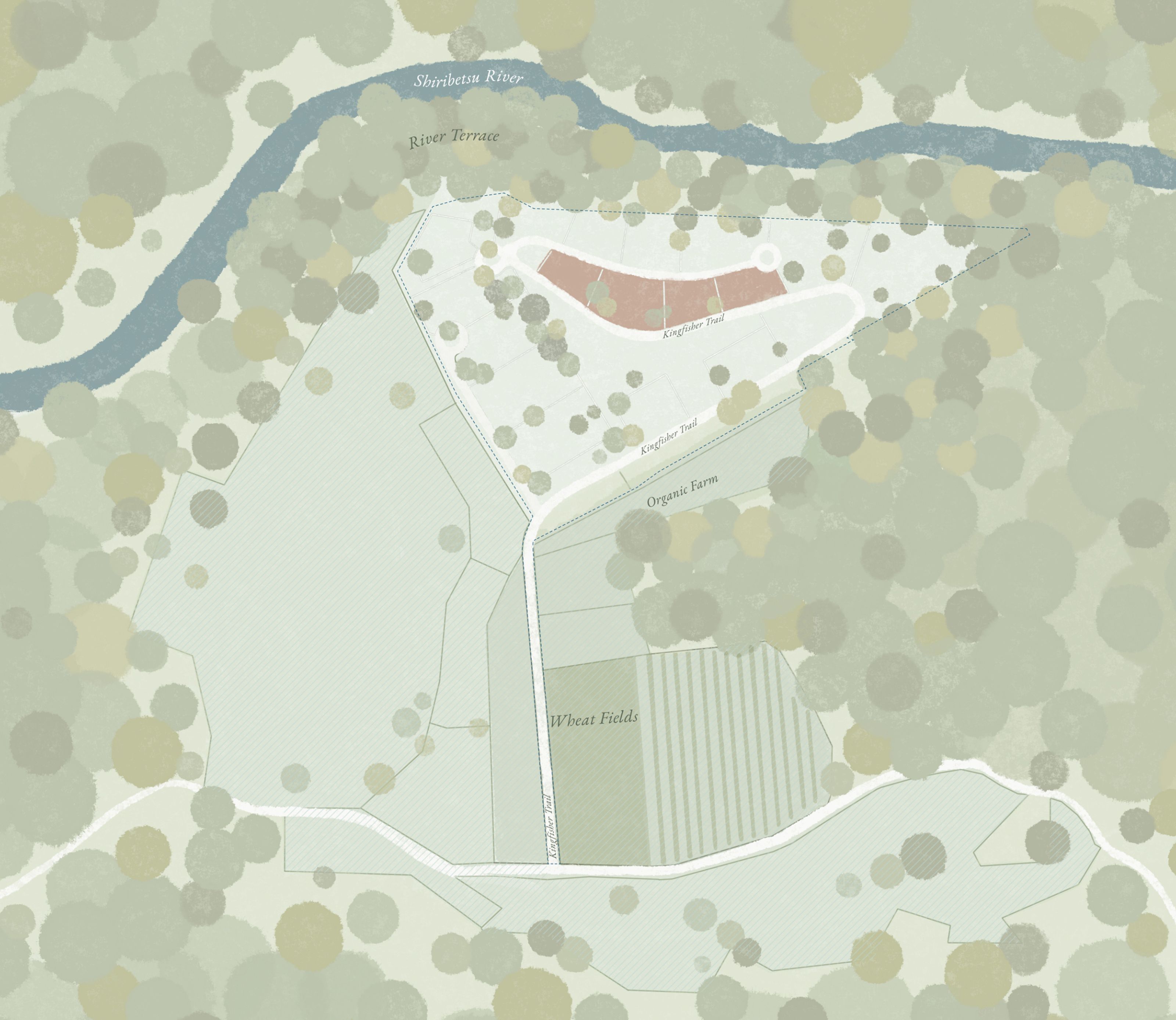 Stylized map of Shobetsu River, River Terrace, Kingfisher Pool buildings, an Organic Farm, and surrounding trees.