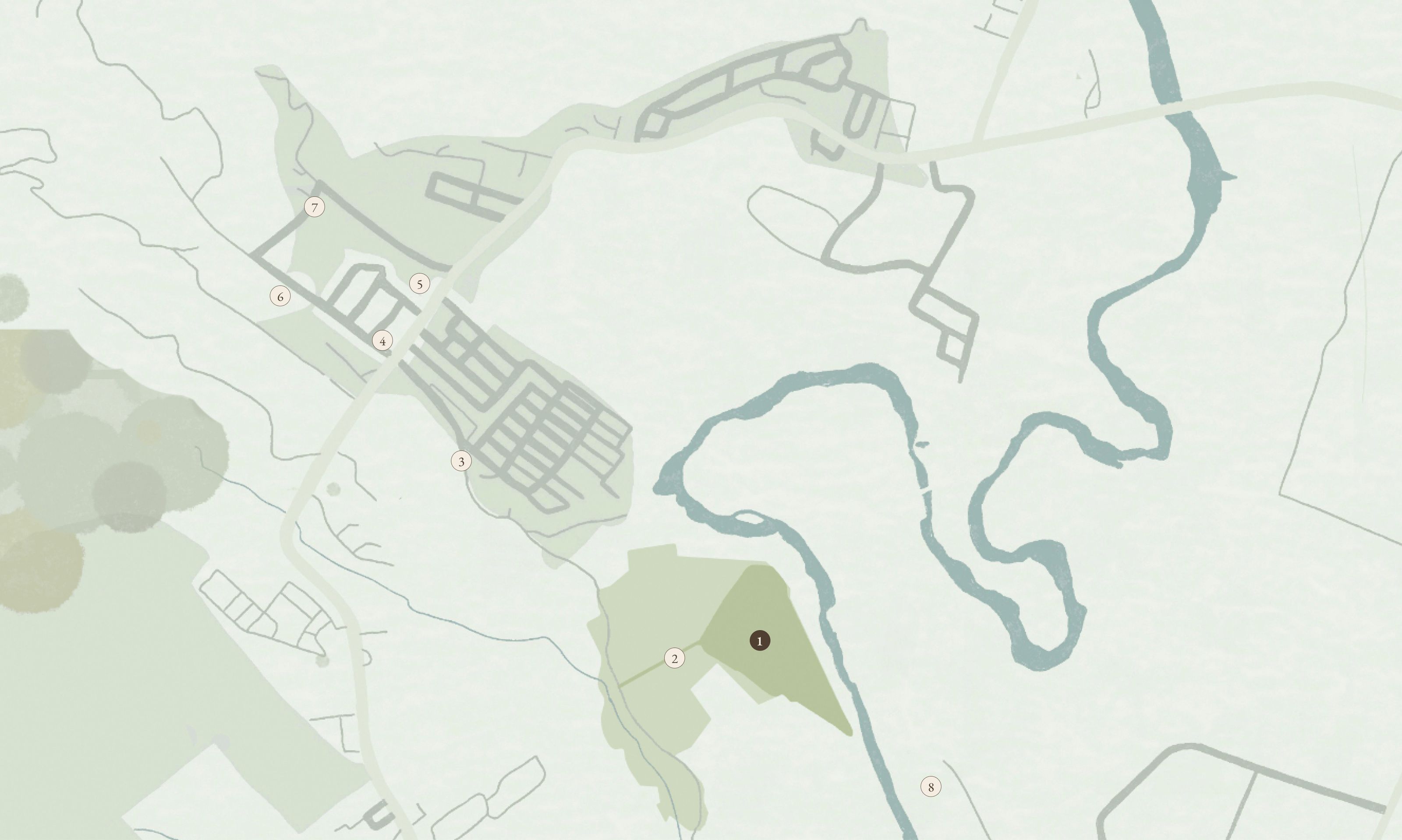 A stylized map showing a winding river, roads, residential areas, and green spaces in muted colors.