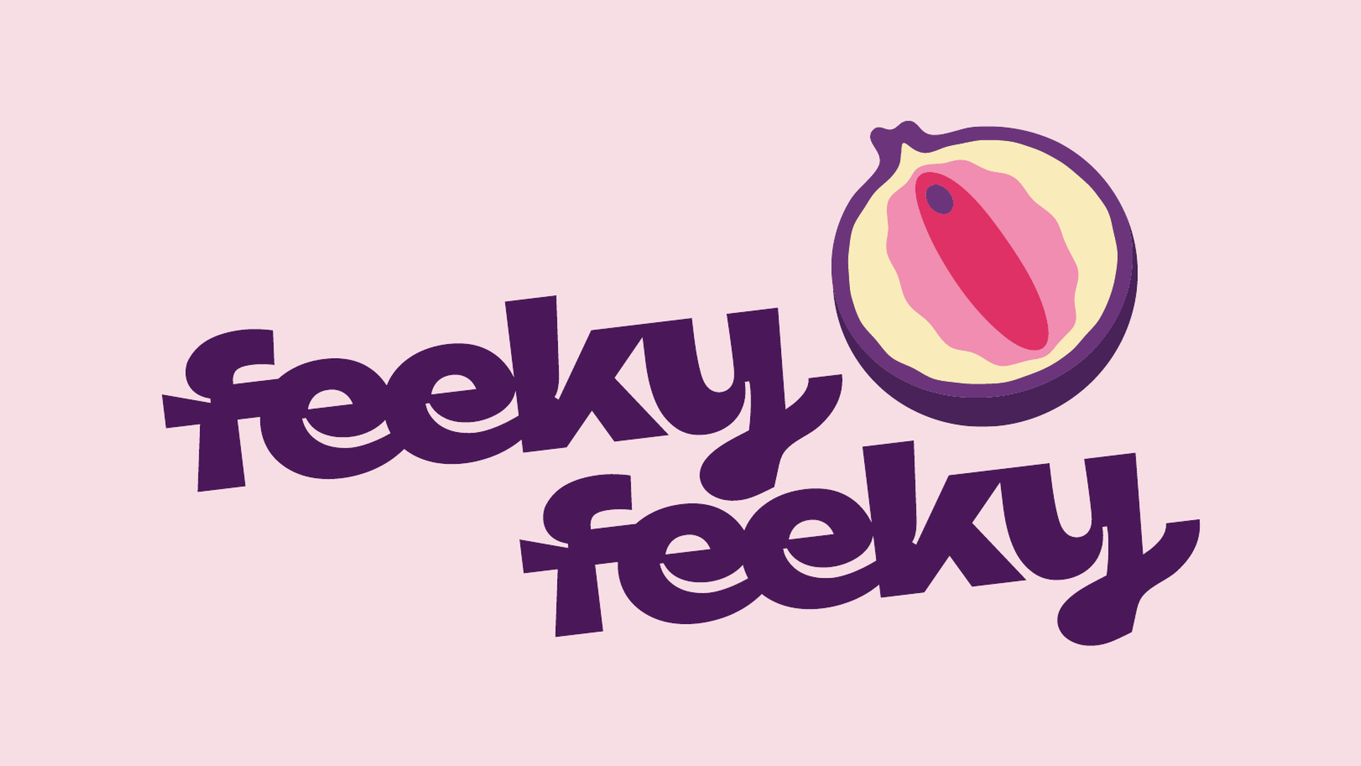 Il logo di Feeky Feeky: lettering viola e fico aperto su fondo rosa