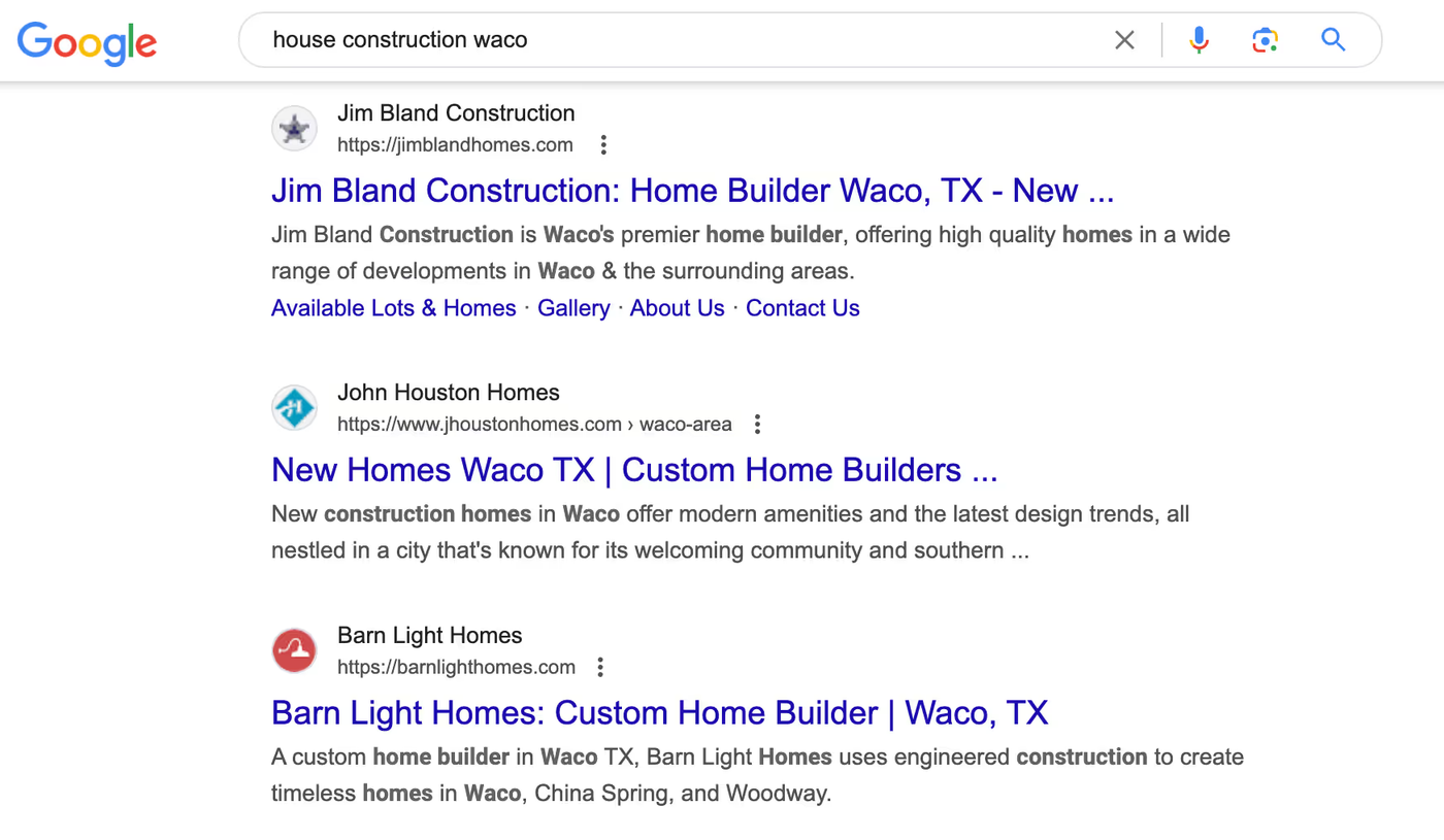 screenshot of google results for keyword house construction waco