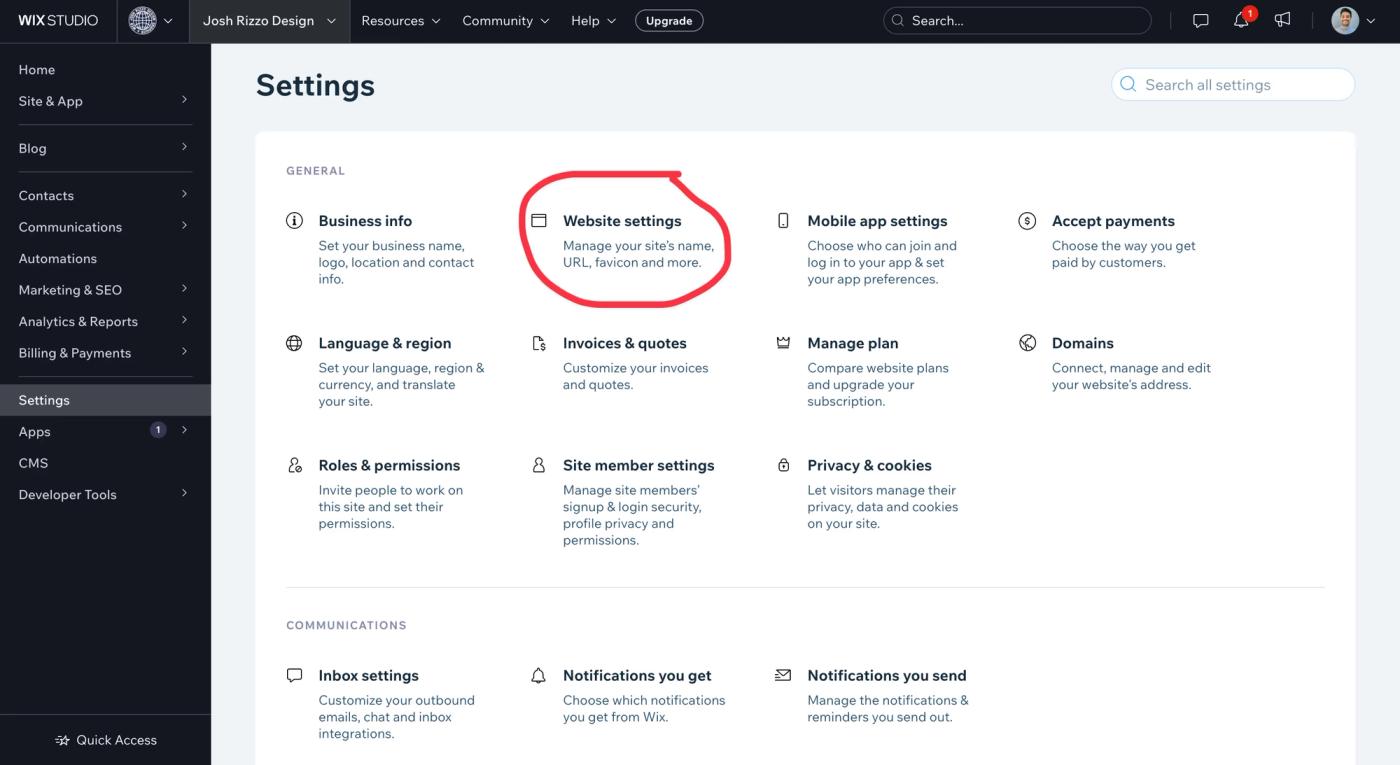 red circle over the website settings button