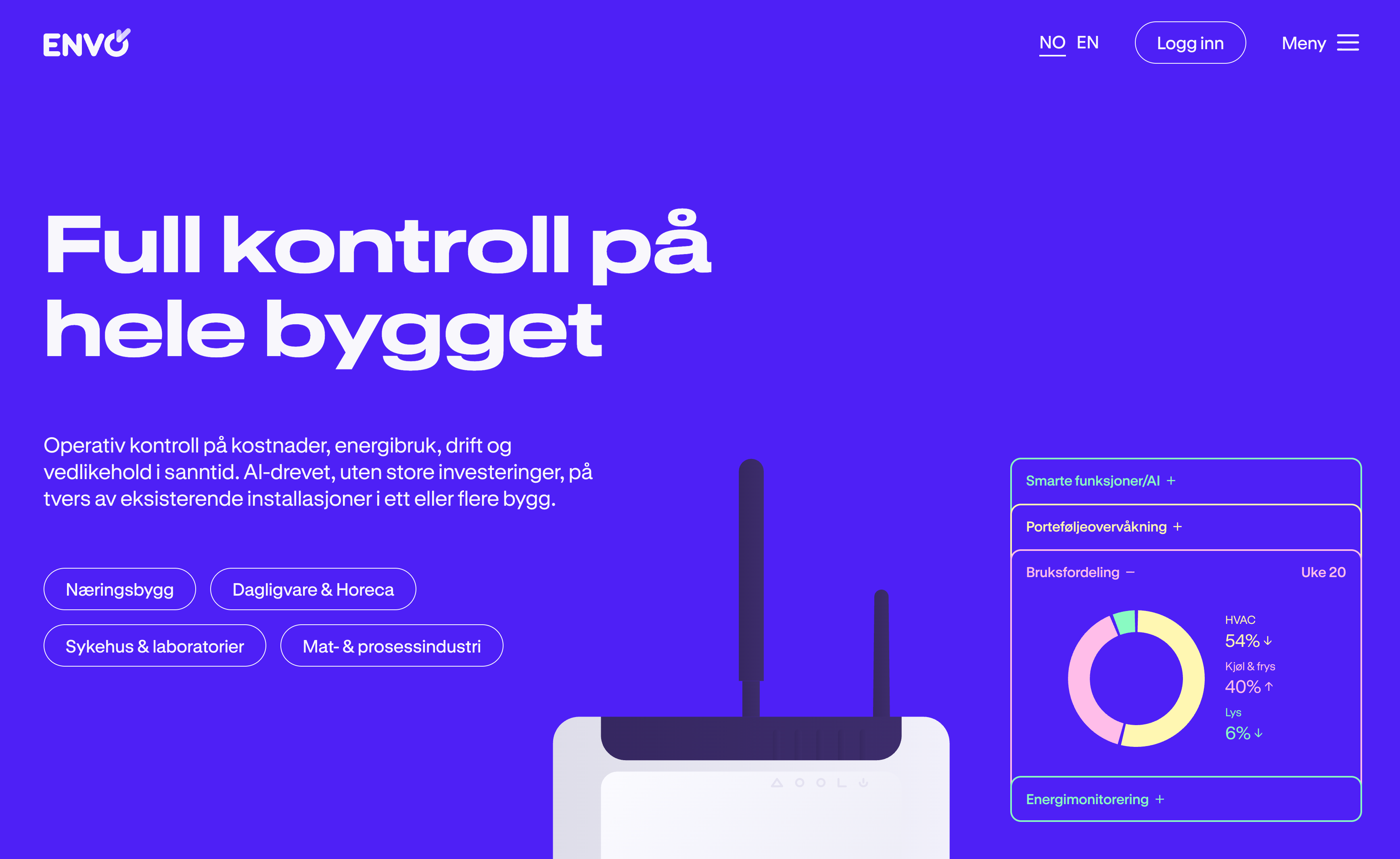Skjermbilde av forsiden til envo.no med overskriften «Full kontroll på hele bygget» og illustrasjon av Envos gateway og energidashbord