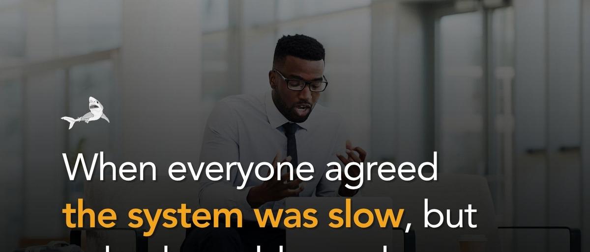 A concerned IT professional at a laptop, with the text "When everyone agreed the system was slow, but nobody could say why."