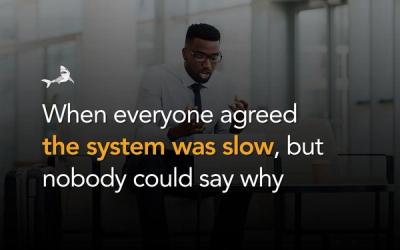 A concerned IT professional at a laptop, with the text "When everyone agreed the system was slow, but nobody could say why."