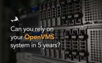 Close-up of enterprise server hardware with the text "Can you rely on your OpenVMS system in 5 years?"