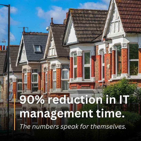 A row of UK terraced houses representing a housing association customer, with overlay text reading 90% reduction in IT management time.