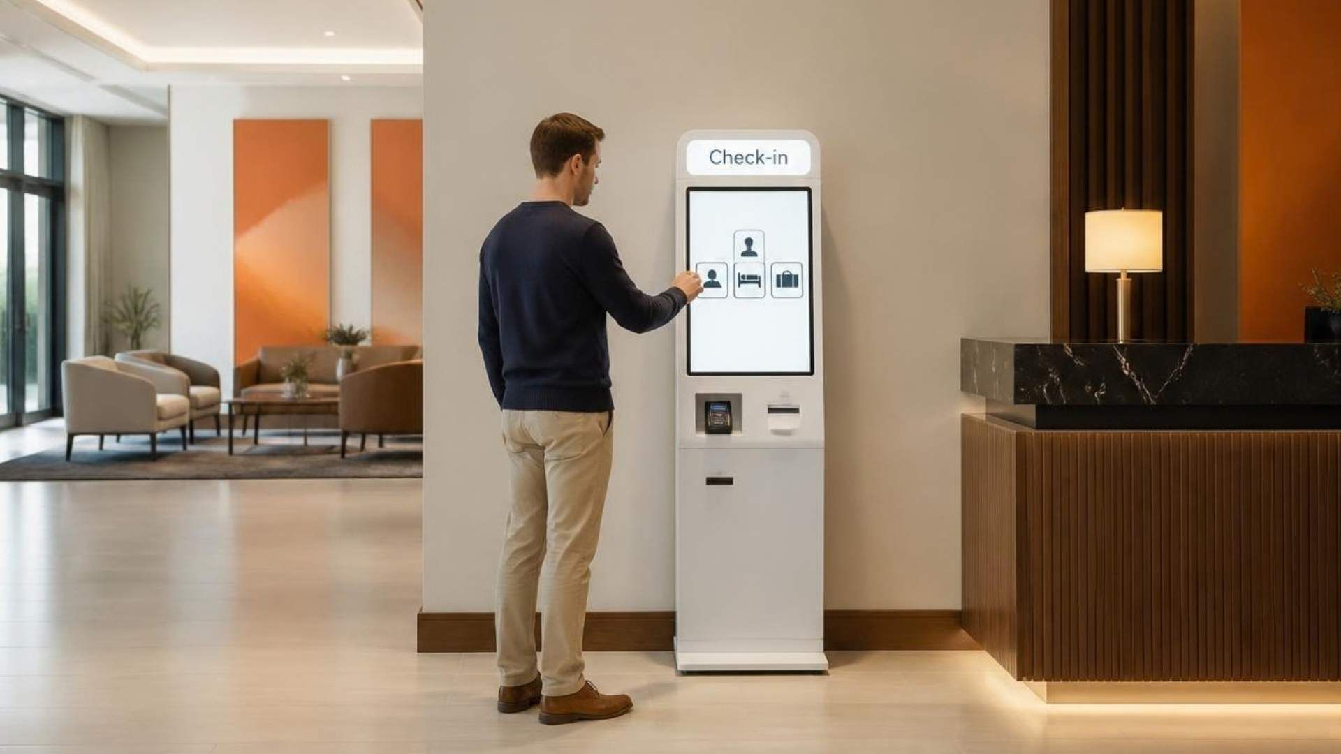 Guest using a self check-in kiosk in a hotel lobby