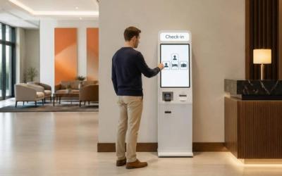 Guest using a self check-in kiosk in a hotel lobby