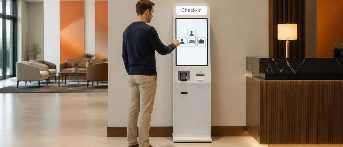 Guest using a self check-in kiosk in a hotel lobby