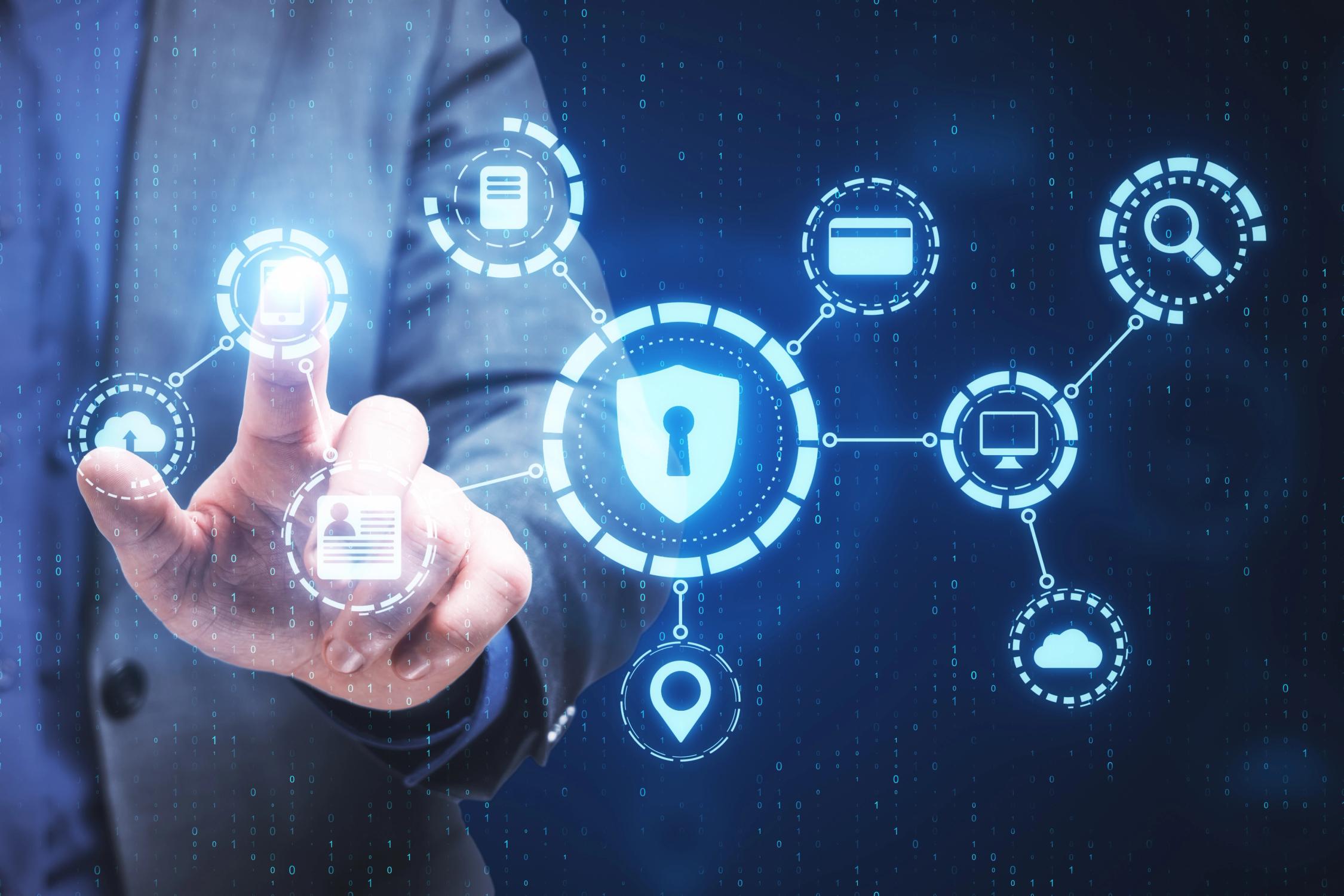 Business man using digital antivirus interface