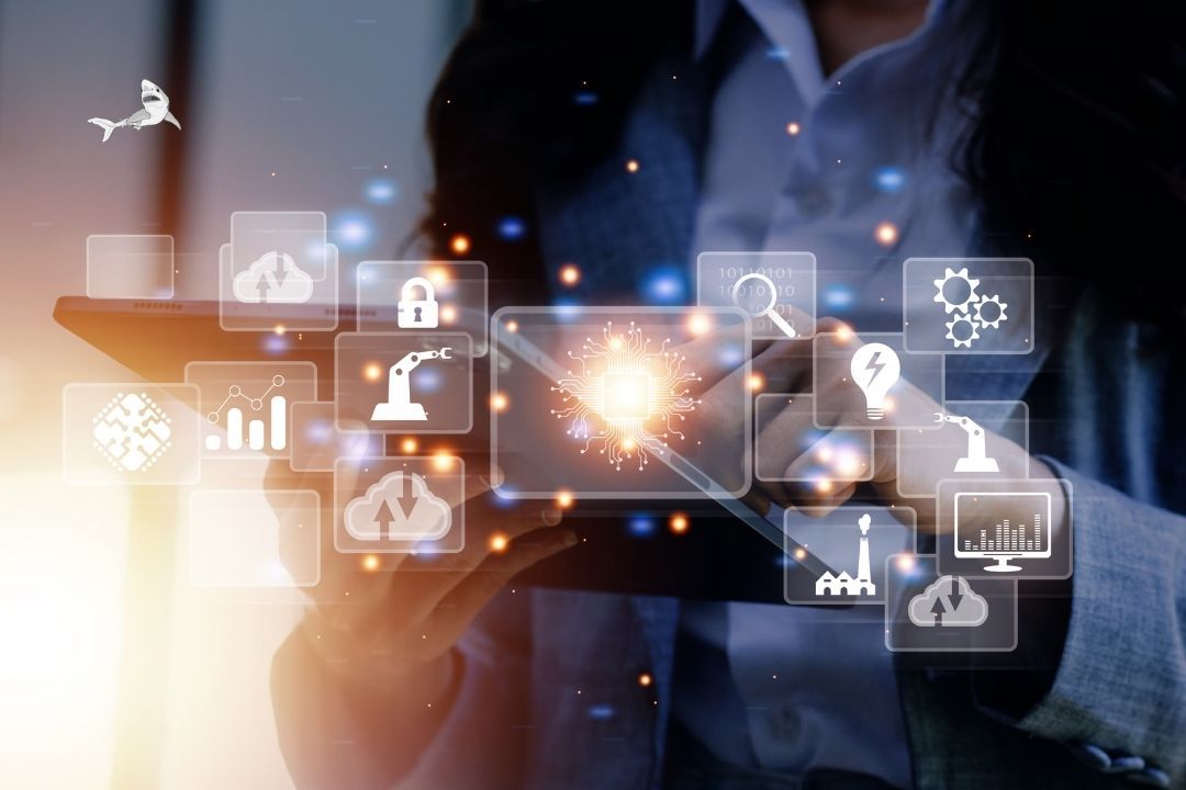 Person using an iPad with interface overlaid