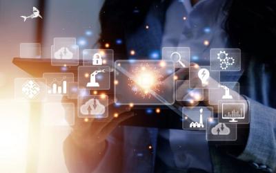 Person using an iPad with interface overlaid