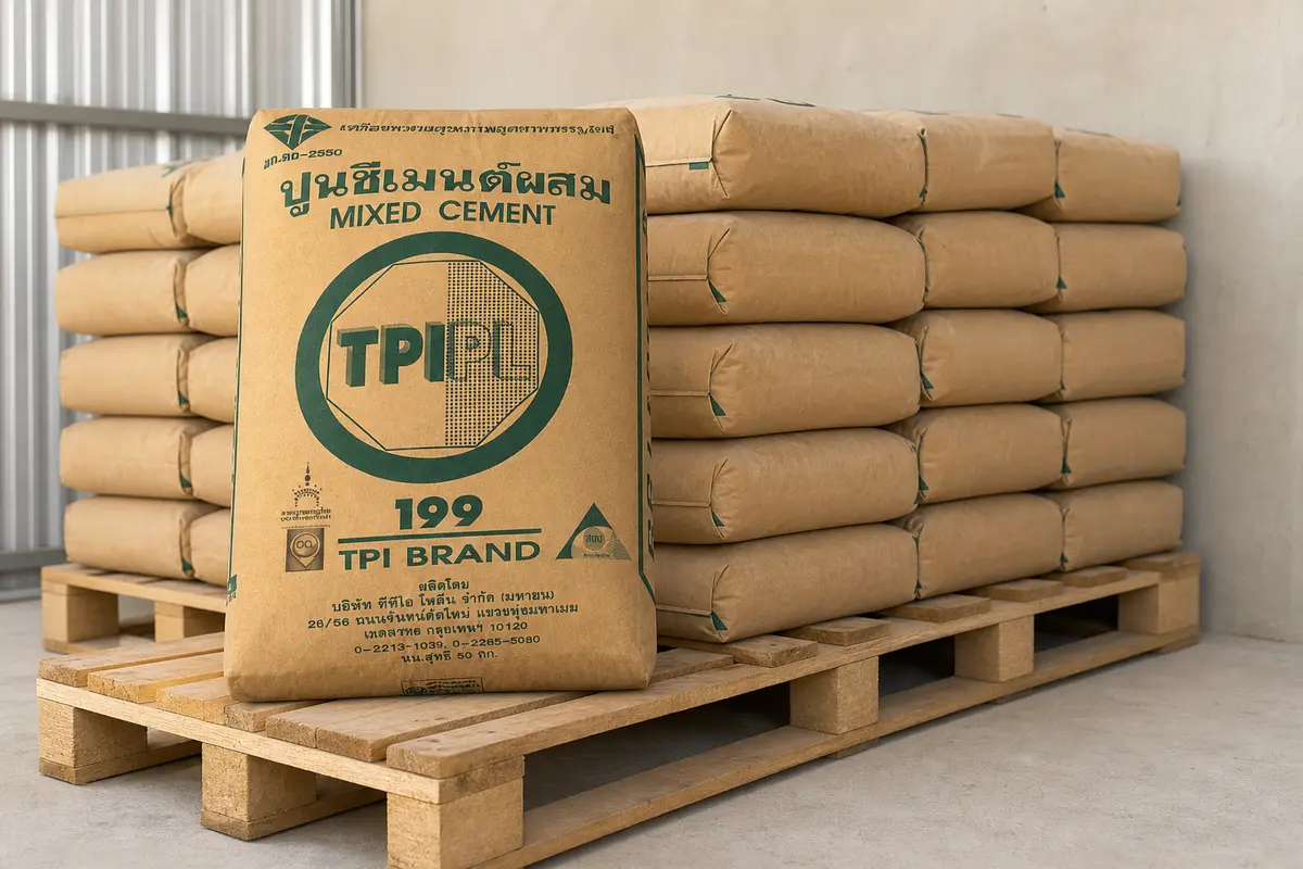การเก็บถุงปูน TPI M199 บนพาเลทในพื้นที่แห้ง