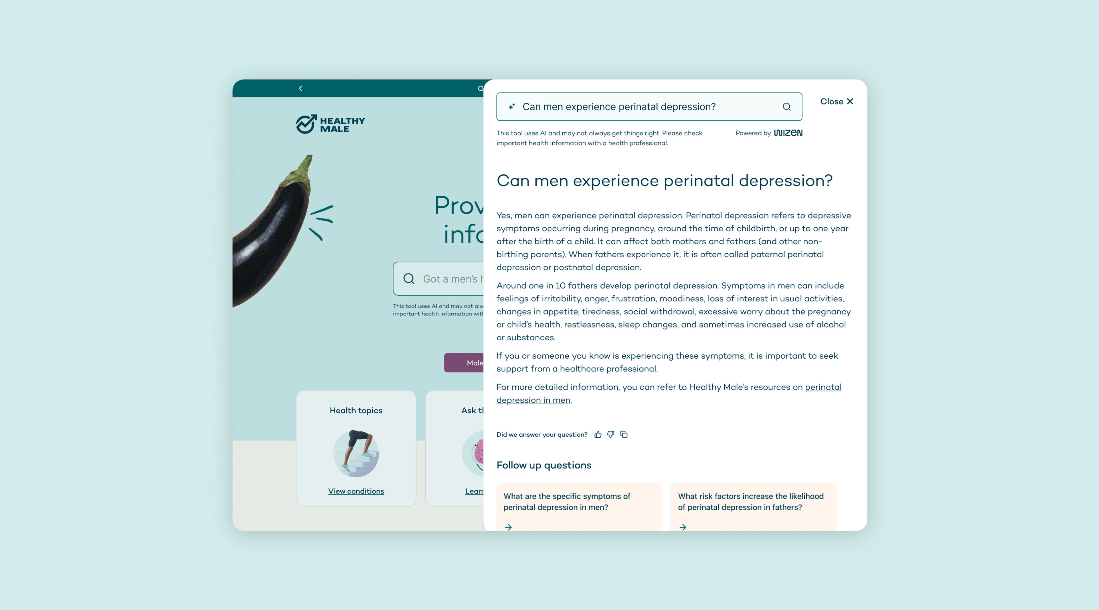 Response sidebar for the AI integration on the Healthy Male website