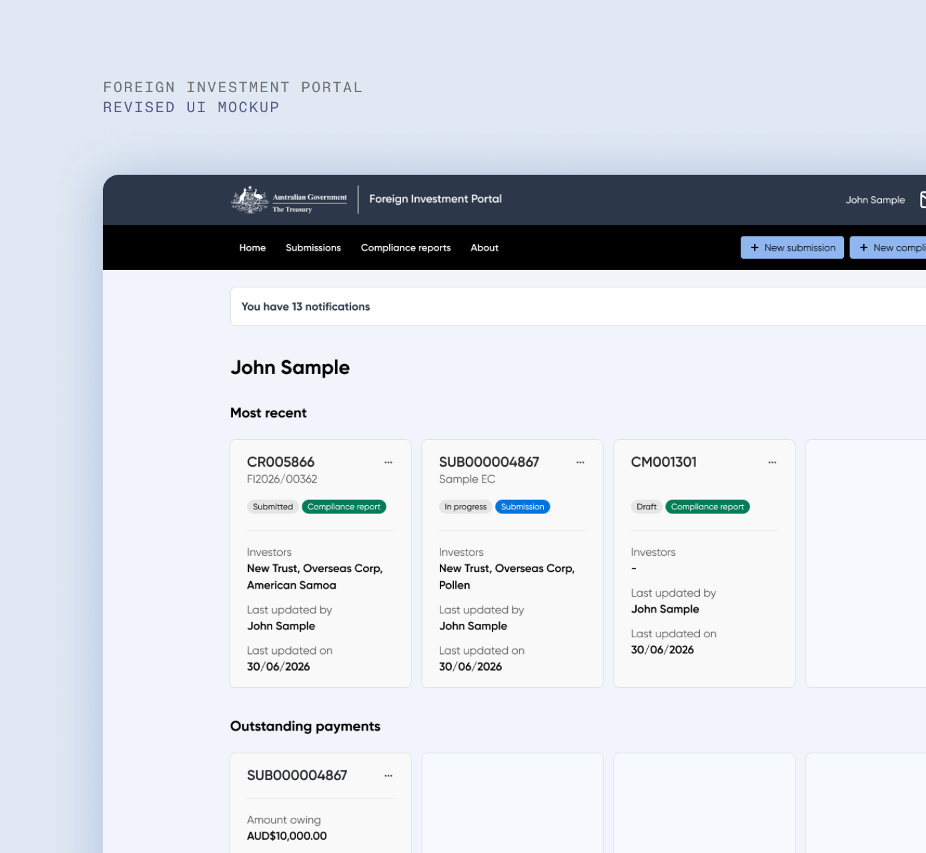 Screenshot of the Foreign Investment Portal  revised UI mockup