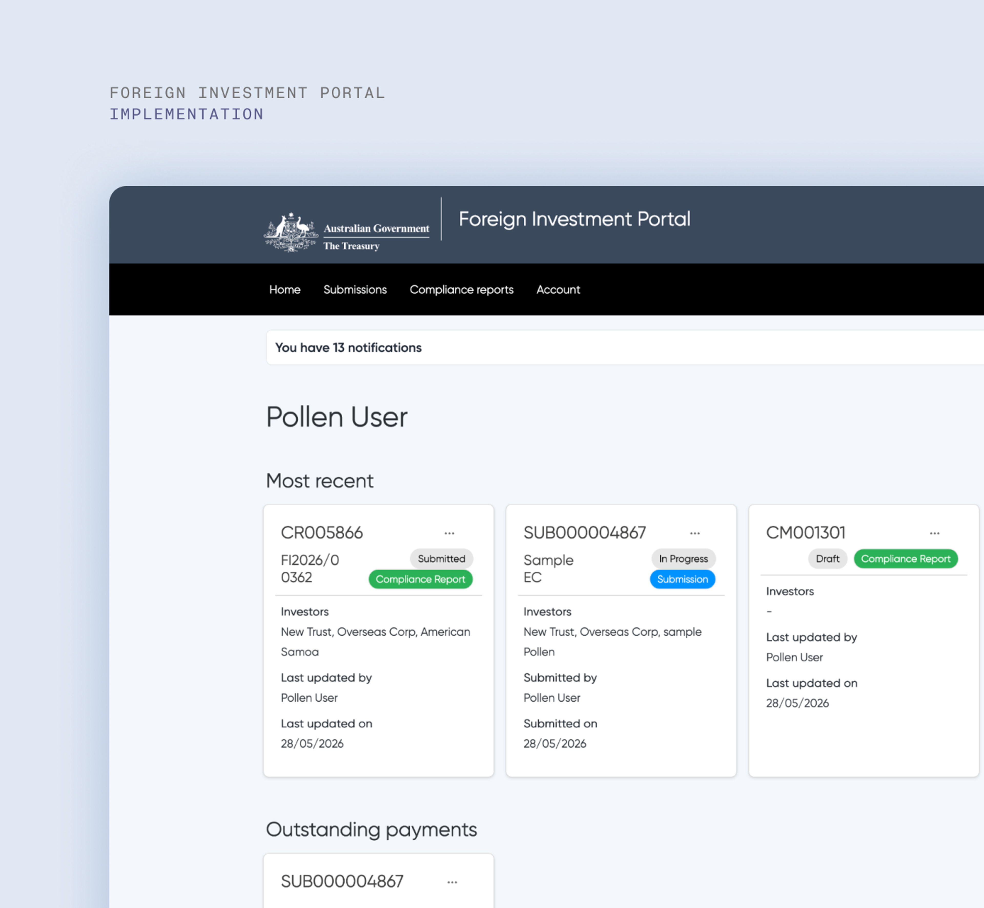 Screenshot of the Foreign Investment Portal  implementation