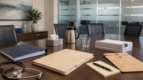 Hospital conference room with patient chart folder and evidence envelope for a Maryland malpractice hearing process article