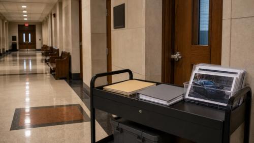 Empty Indiana civil courtroom preparation scene for a car accident hearing