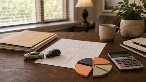 Georgia comparative negligence claim table with toy vehicles, blank diagrams, folders, and calculator