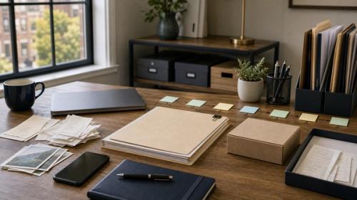 Illinois consumer evidence table with blank receipts, folders, phone, and product box for a consumer protection guide